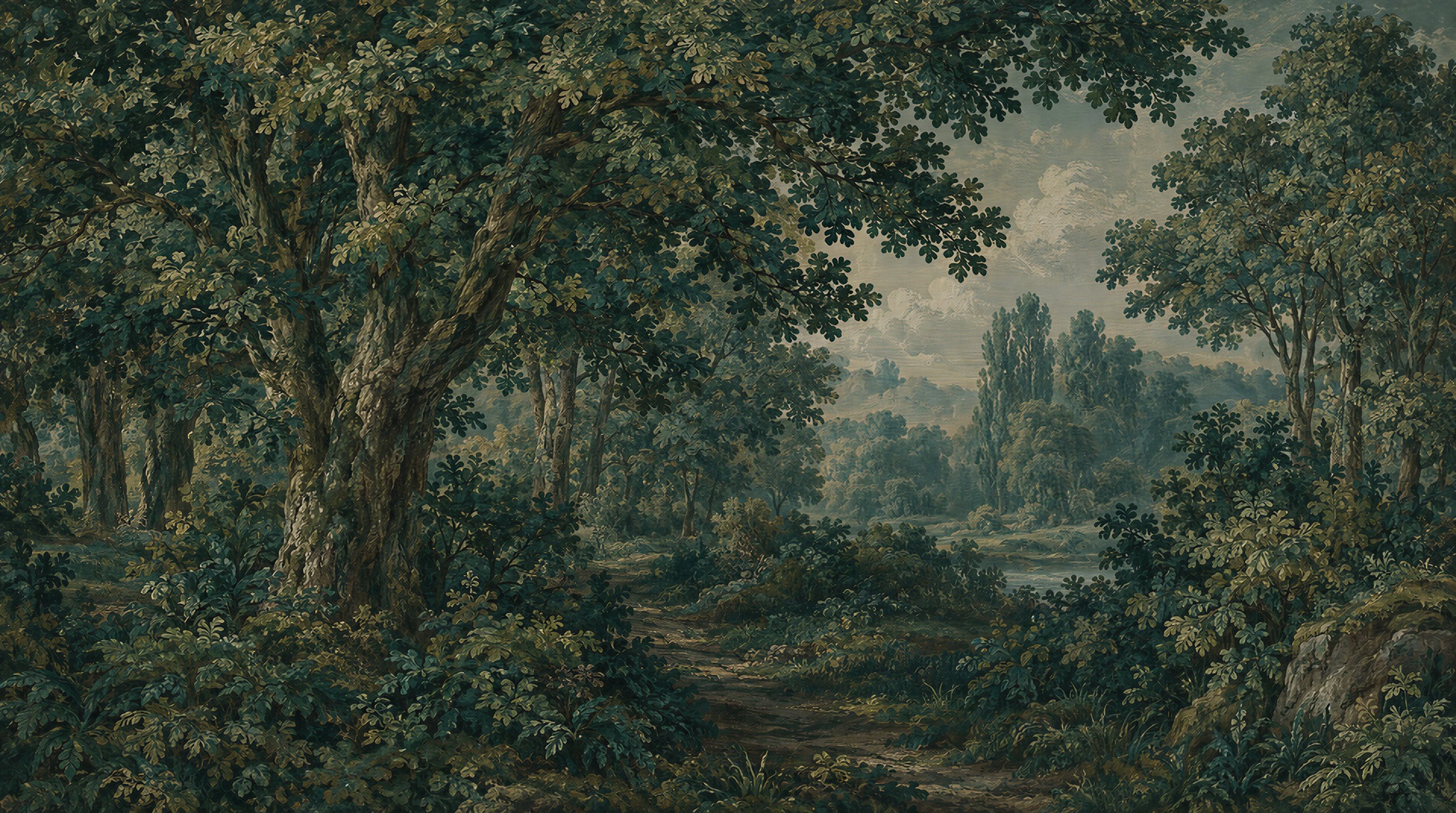 Misty Deep Green Forest Stream Wallpaper Mural — Wallpaper Mural Design, Peel-and-stick Finish