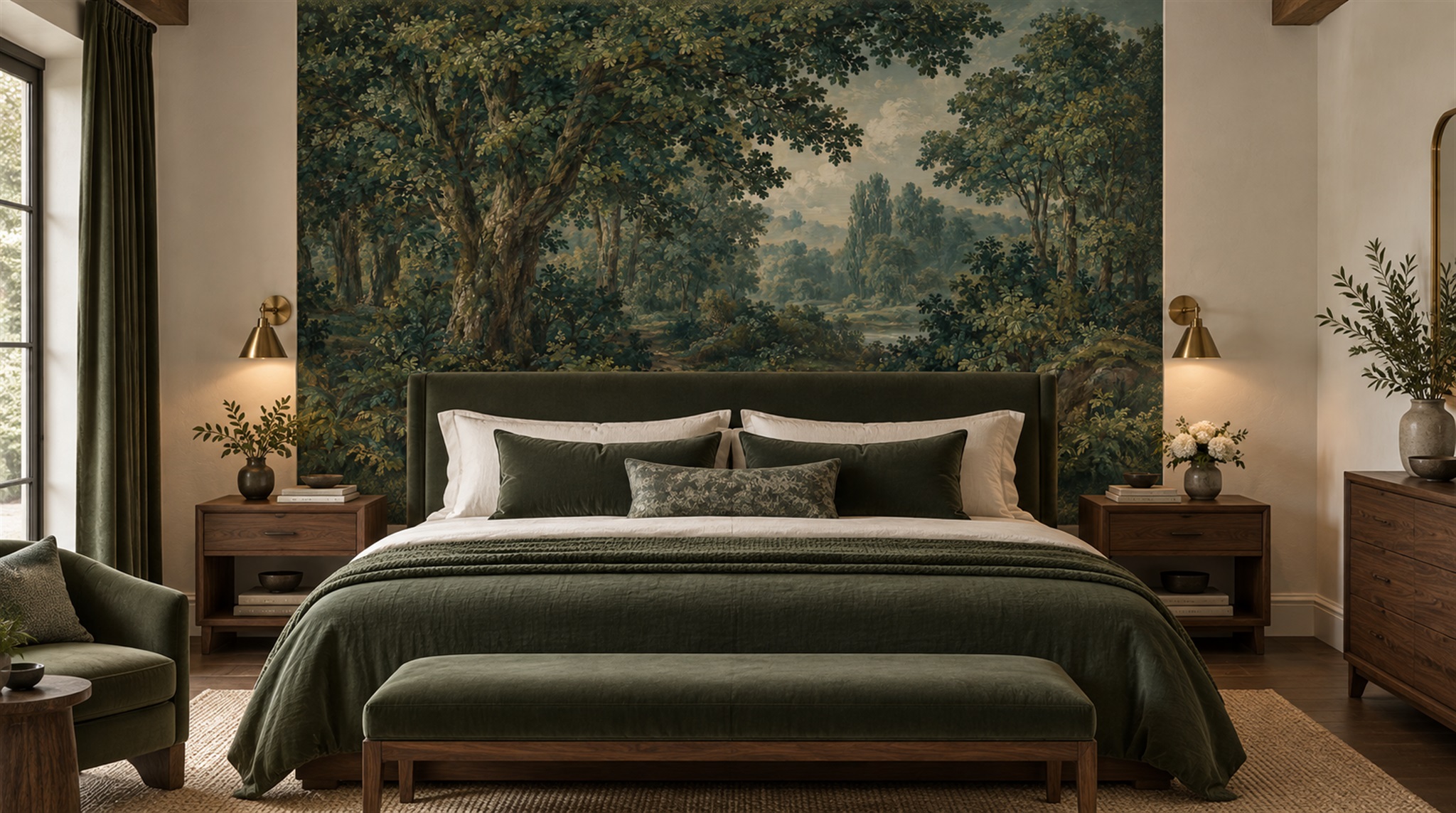 Red And Teal Woodland Trees Forest Wallpaper Mural, Peel-and-stick Finish