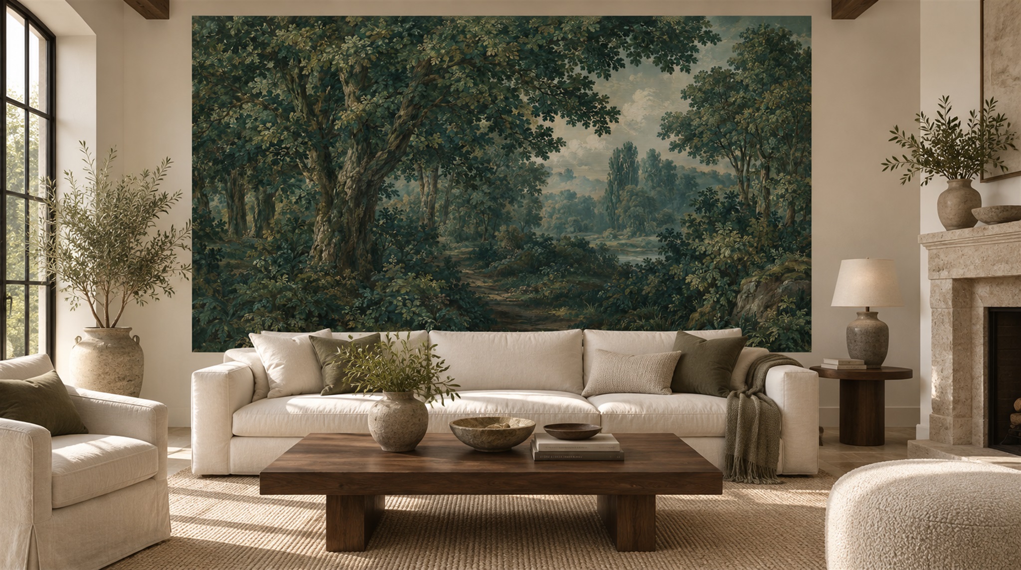 Red And Teal Woodland Trees Forest Wallpaper Mural Office-wallpaper-murals, Shown In A Home Office, Peel-and-stick Finish