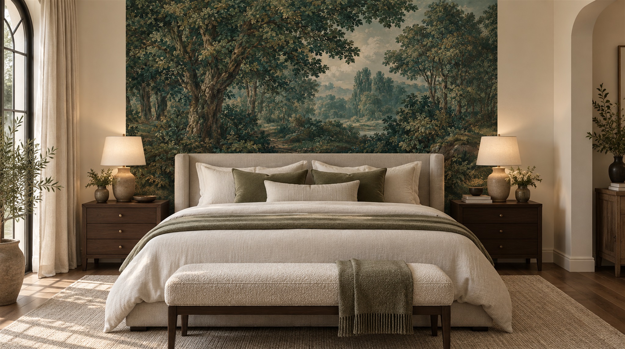 Red And Teal Woodland Trees Forest Wallpaper Mural Accent-wall-wallpaper-murals, Peel-and-stick Finish