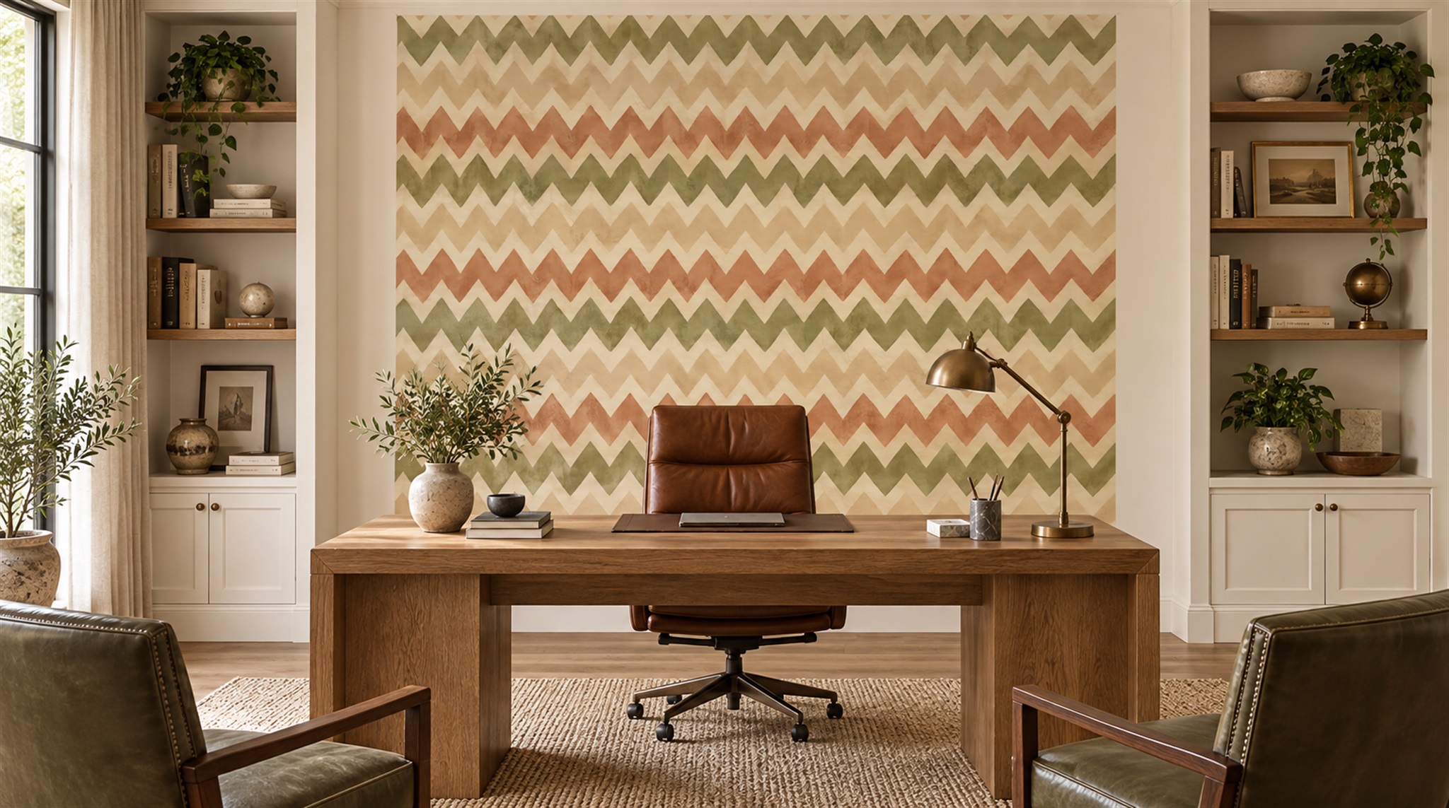 Red And Neutral Decorative Patterning Illustrated Wallpaper Mural Living-room-wallpaper-murals, Shown In A Living Room, Peel-and-stick Finish