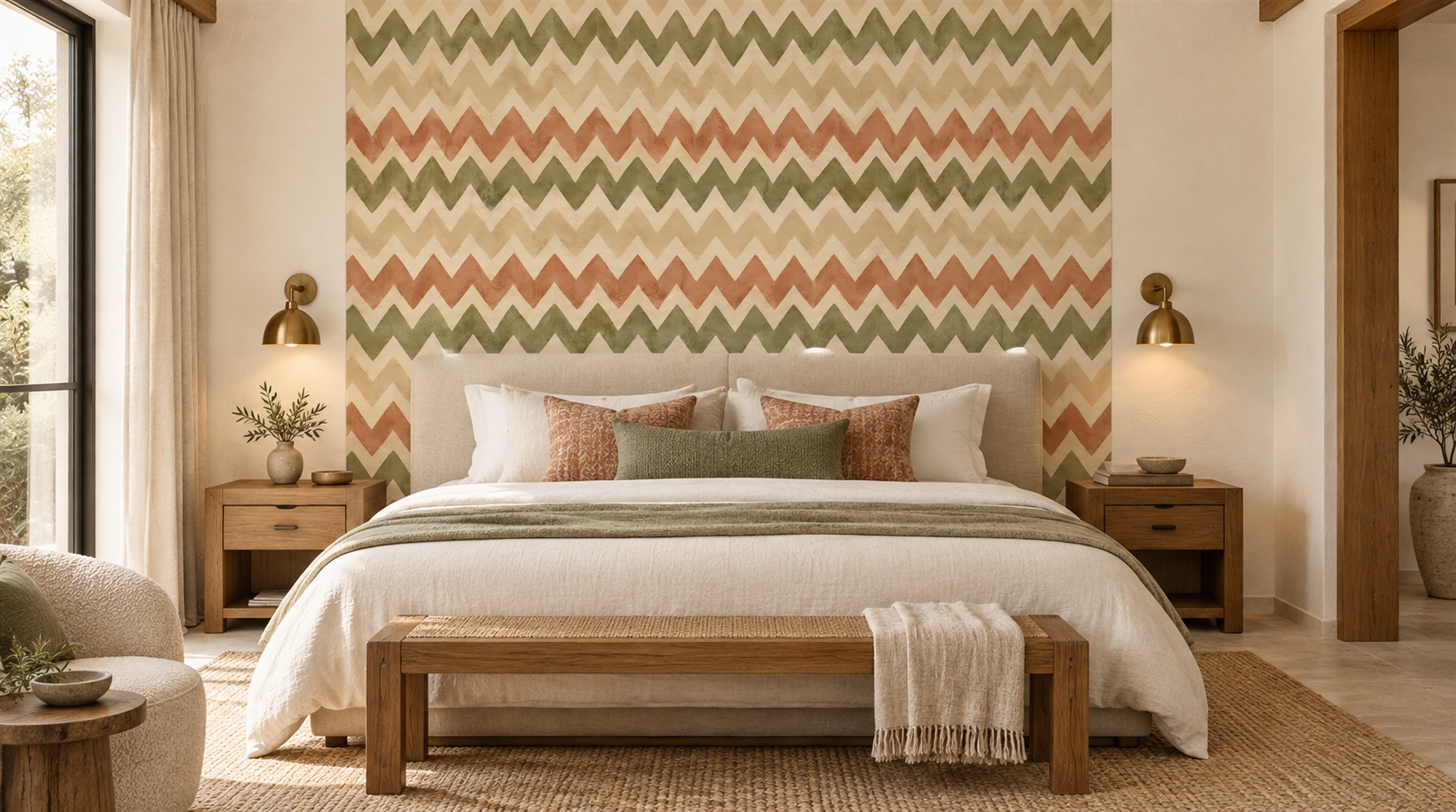 Red And Neutral Decorative Patterning Illustrated Wallpaper Mural Accent-wall-wallpaper-murals, Peel-and-stick Finish