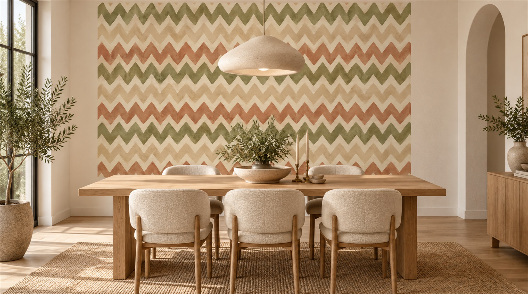 Red And Neutral Decorative Patterning Illustrated Wallpaper Mural Bedroom-wallpaper-murals, Peel-and-stick Finish
