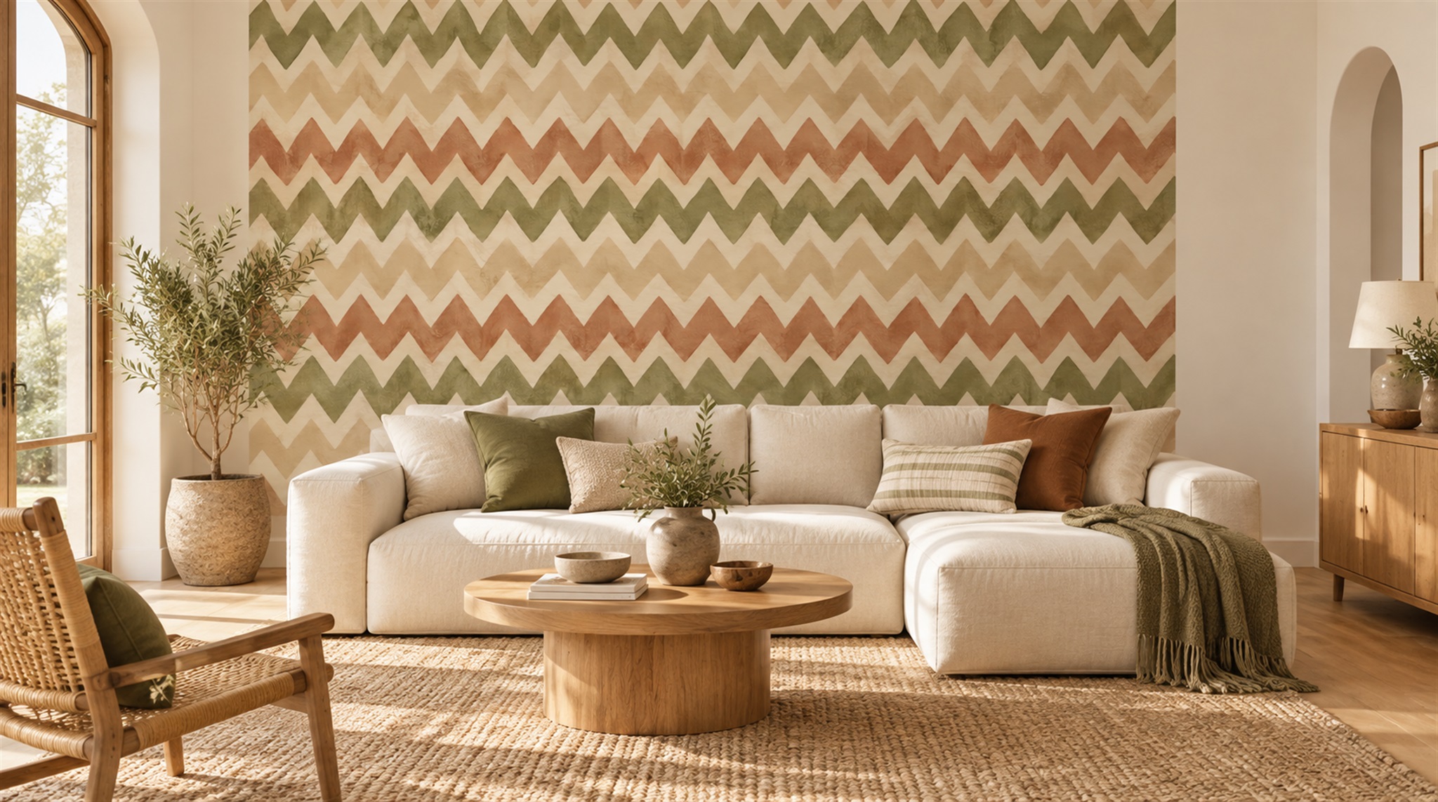 Red And Neutral Decorative Patterning Illustrated Wallpaper Mural Office-wallpaper-murals, Shown In A Home Office, Peel-and-stick Finish