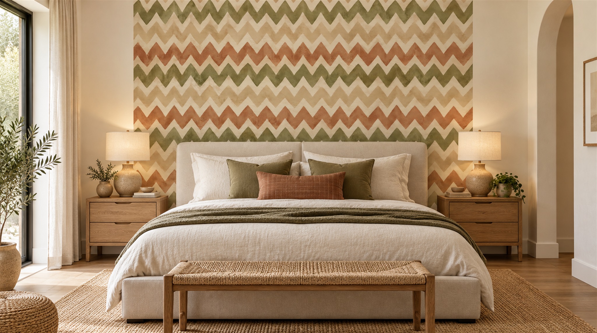 Red And Neutral Decorative Patterning Illustrated Wallpaper Mural Accent-wall-wallpaper-murals, Peel-and-stick Finish