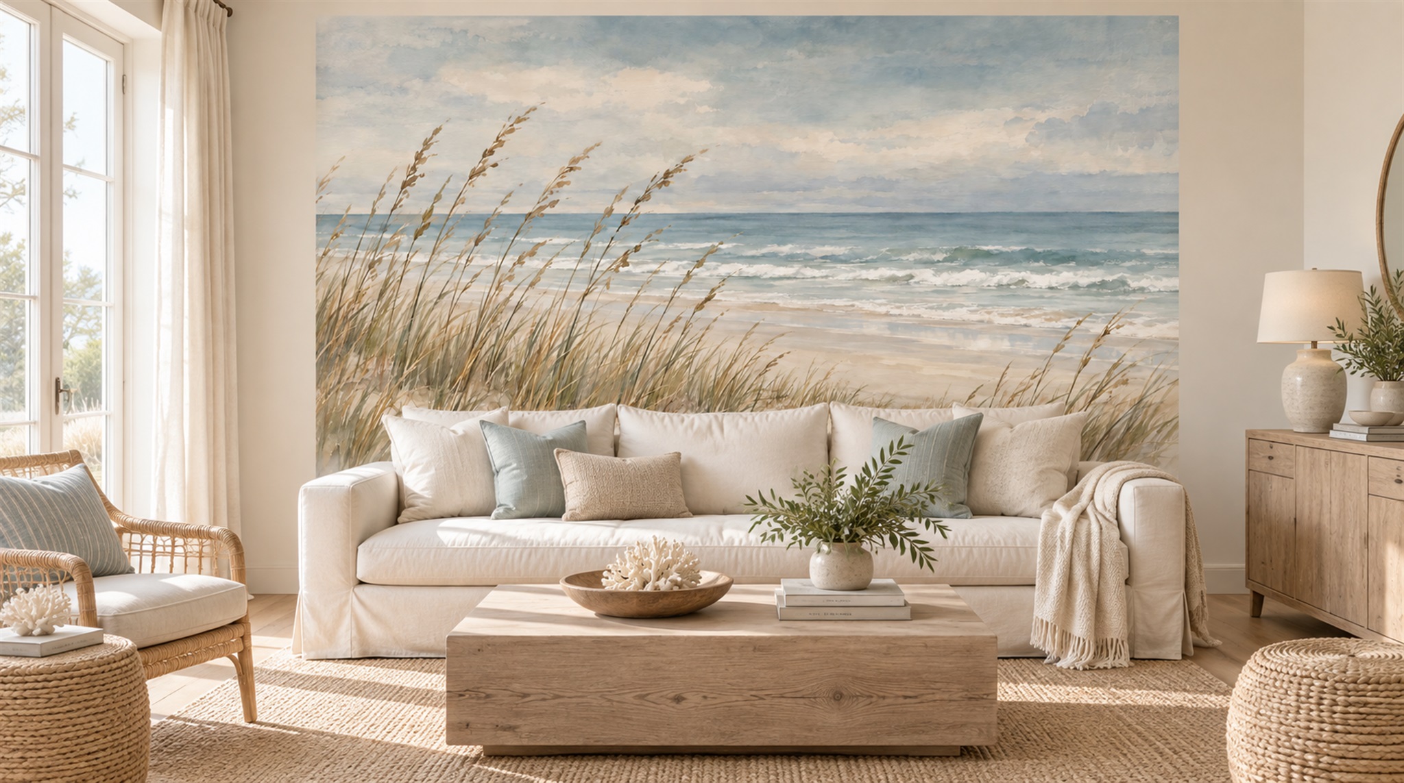 Red And Blue A Coastal Scene Wallpaper Mural Office-wallpaper-murals, Shown In A Home Office, Peel-and-stick Finish