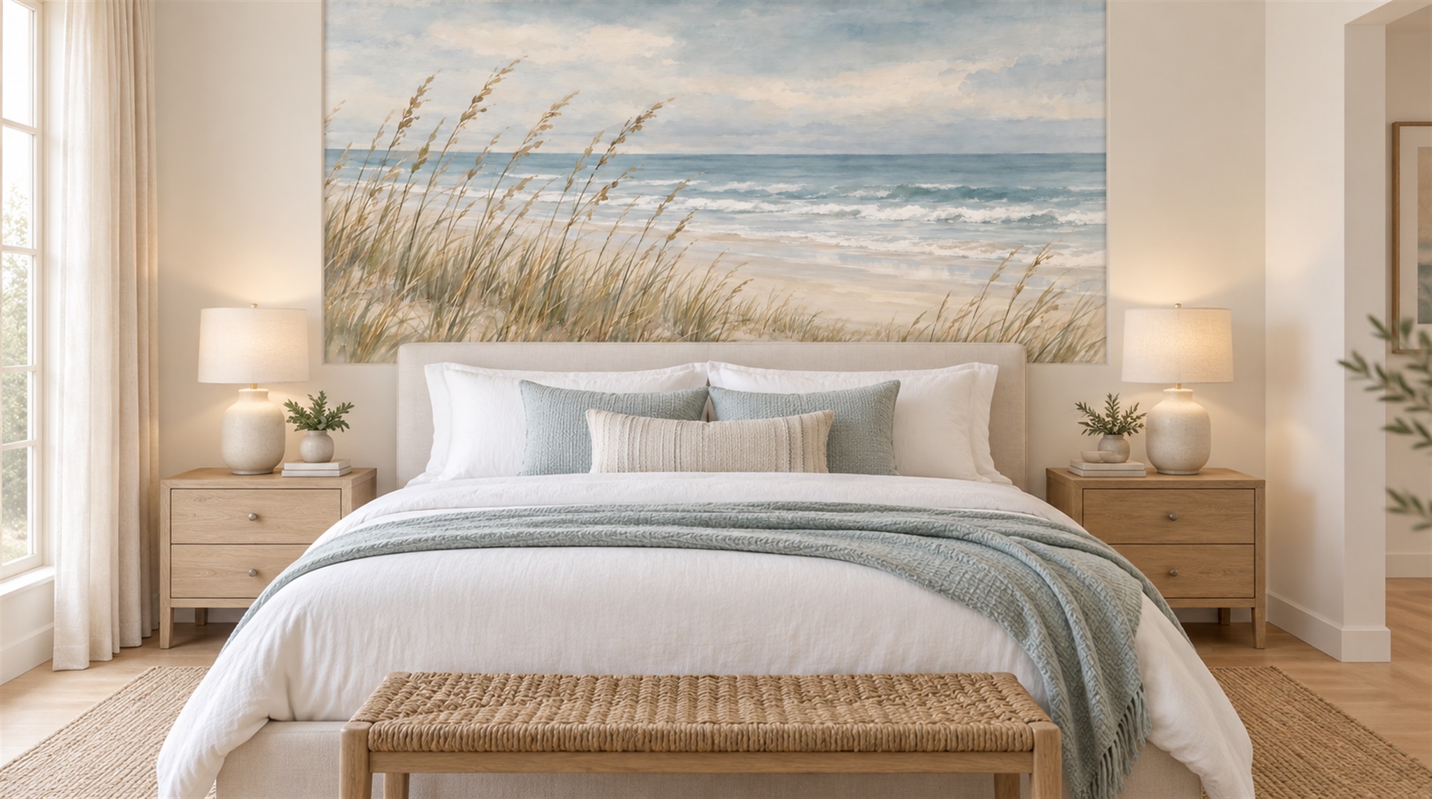 Red And Blue A Coastal Scene Wallpaper Mural Dining-room-wallpaper-murals, Shown In A Dining Room, Peel-and-stick Finish