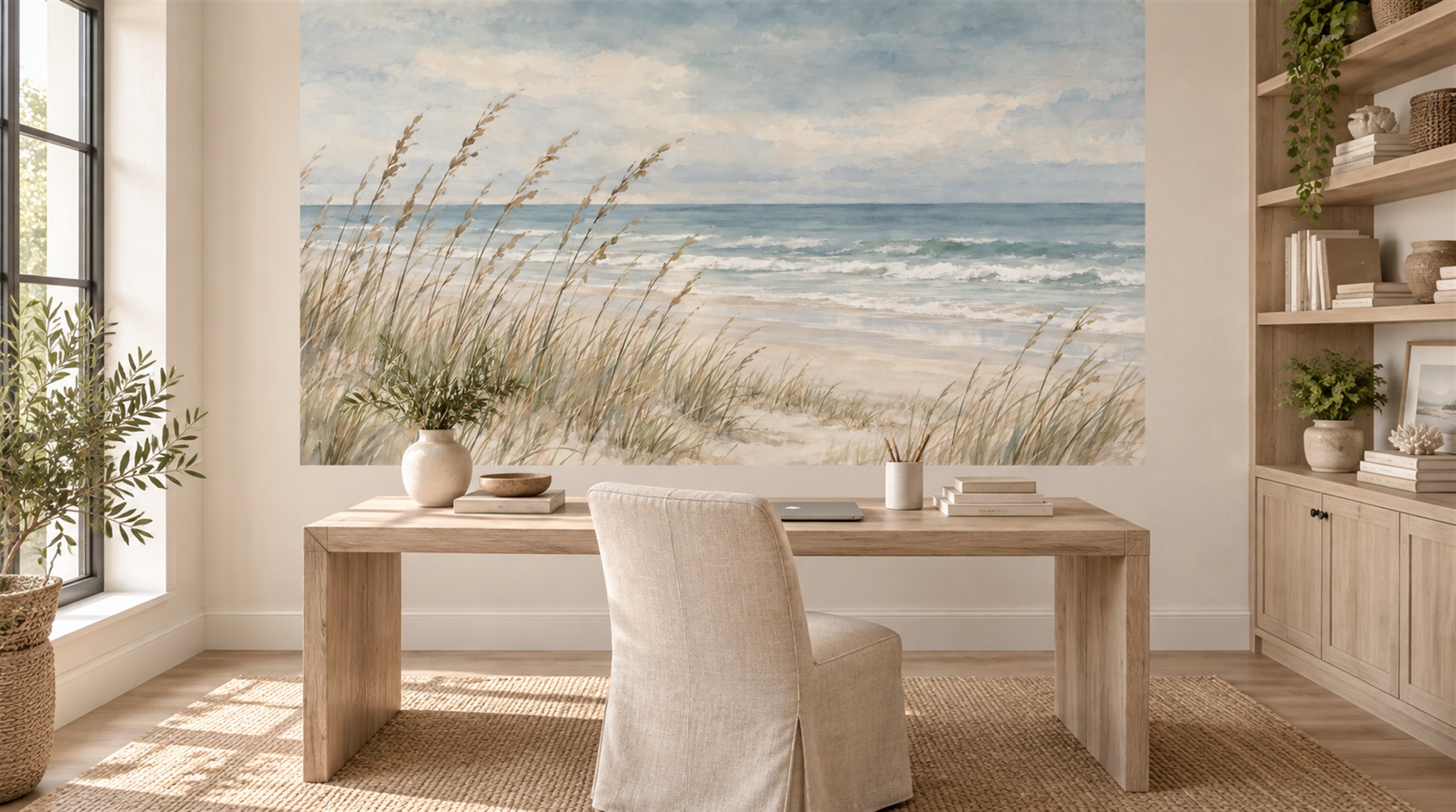 Red And Blue A Coastal Scene Wallpaper Mural Living-room-wallpaper-murals, Shown In A Living Room, Peel-and-stick Finish