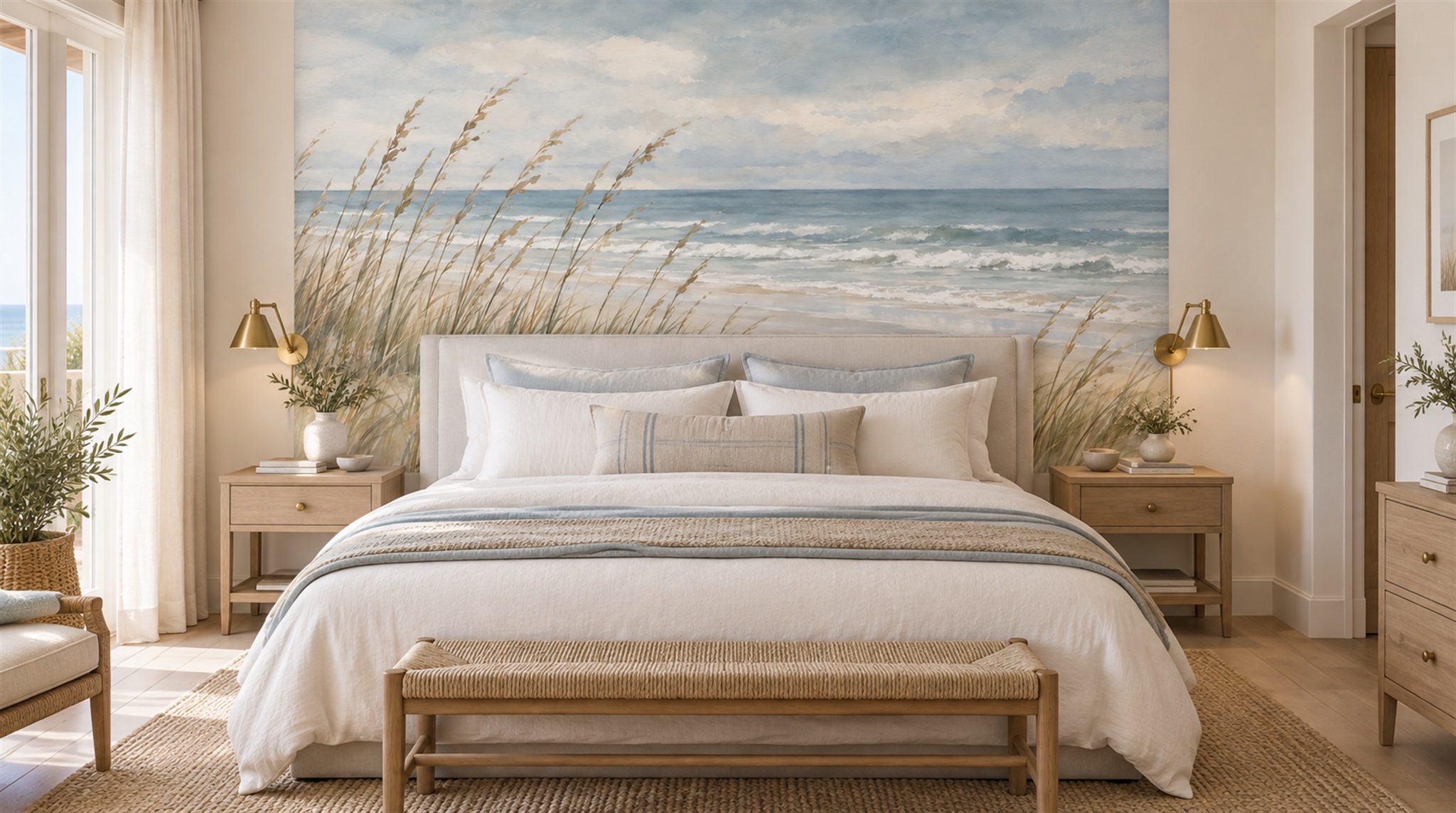 Red And Blue A Coastal Scene Wallpaper Mural Accent-wall-wallpaper-murals, Peel-and-stick Finish