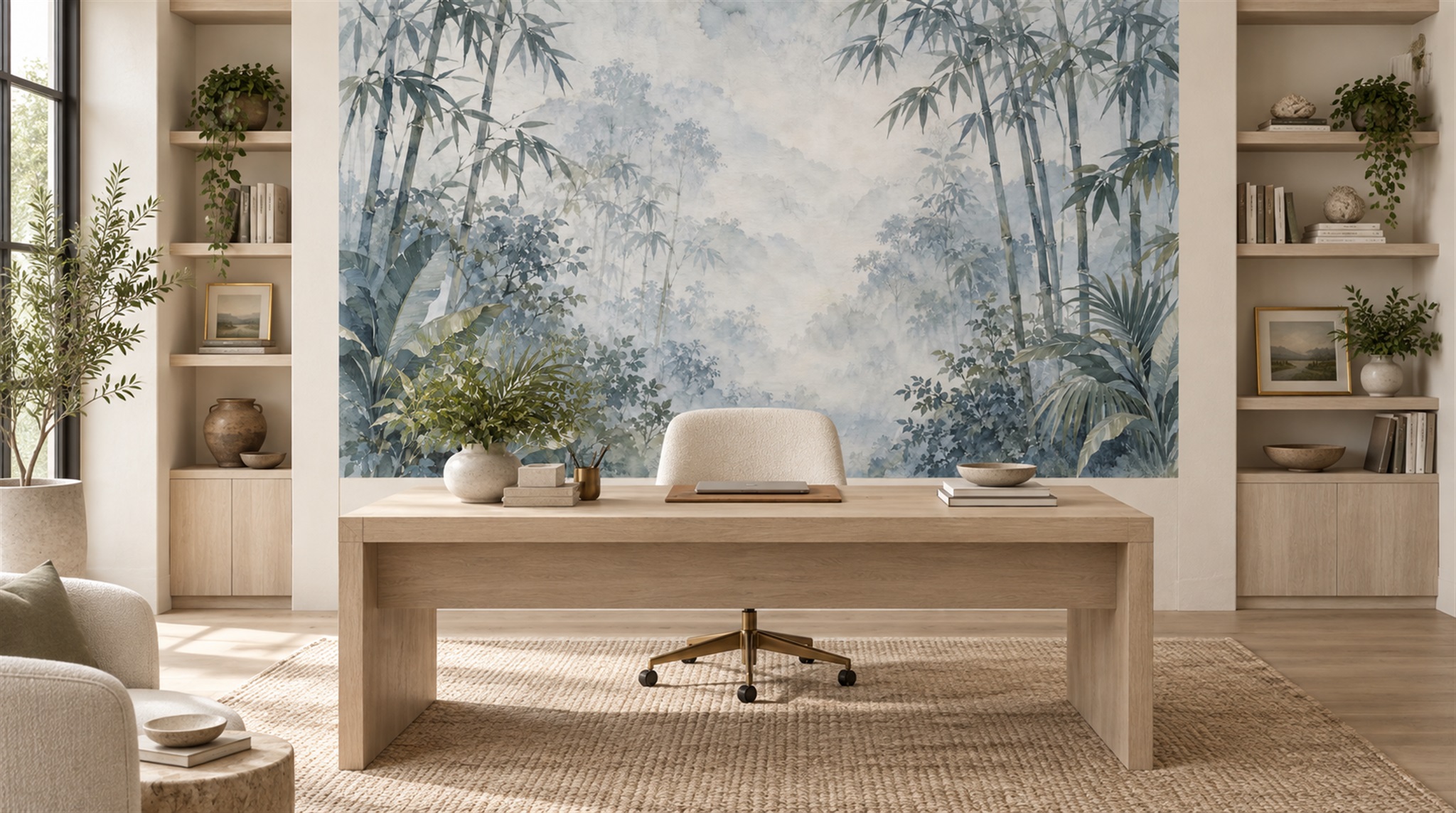Red And Blue Decorative Patterning Bamboo Wallpaper Mural Living-room-wallpaper-murals, Shown In A Living Room, Peel-and-stick Finish