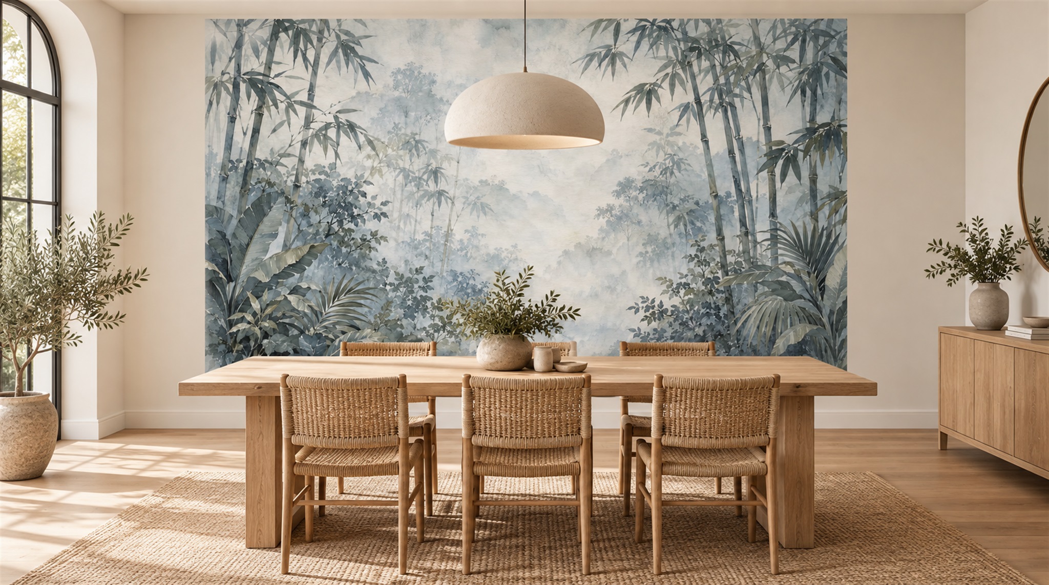 Misty Bamboo Grove Wallpaper Mural — Installed Wallpaper Mural In A Bedroom, Peel-and-stick Finish