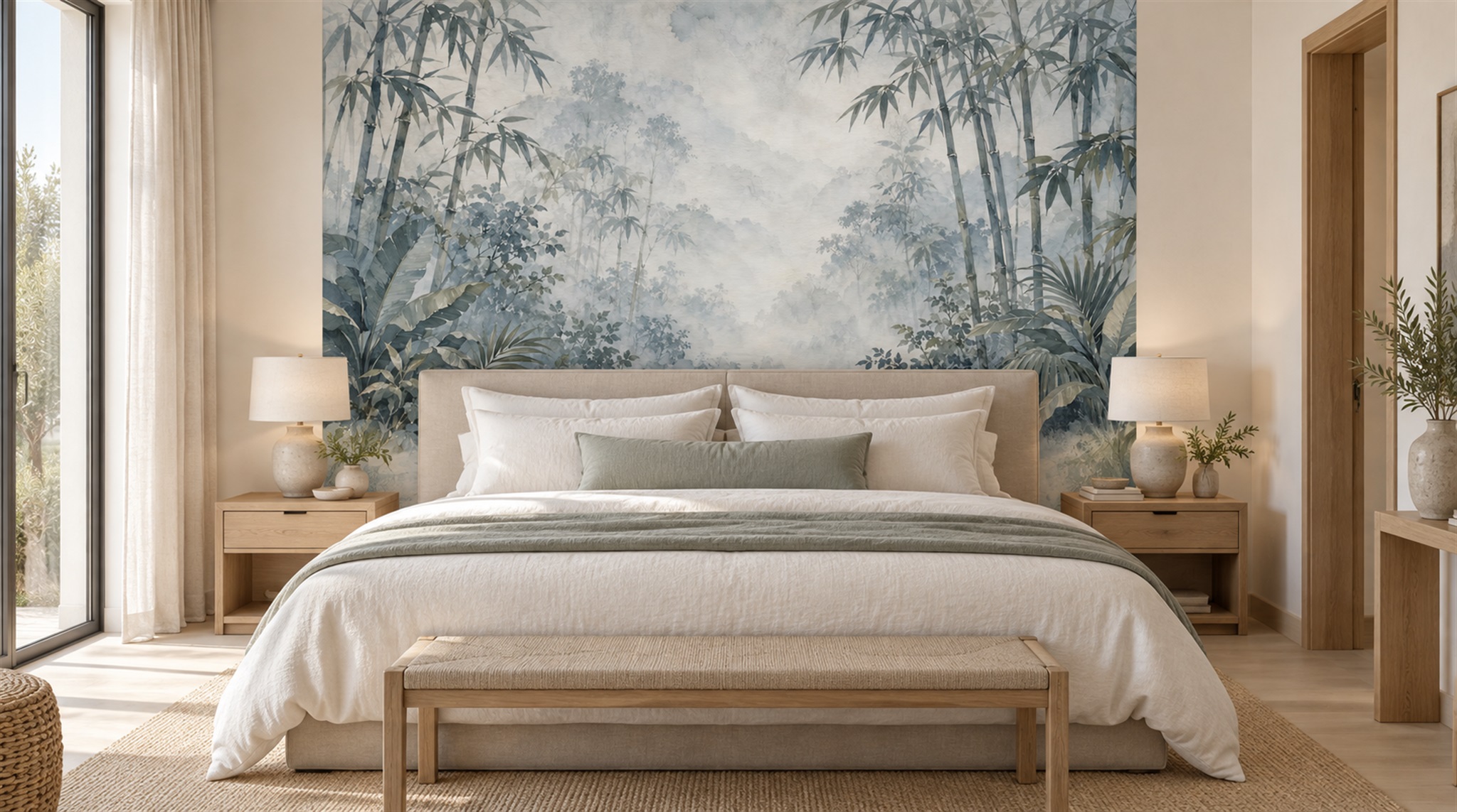 Red And Blue Decorative Patterning Bamboo Wallpaper Mural Accent-wall-wallpaper-murals, Peel-and-stick Finish