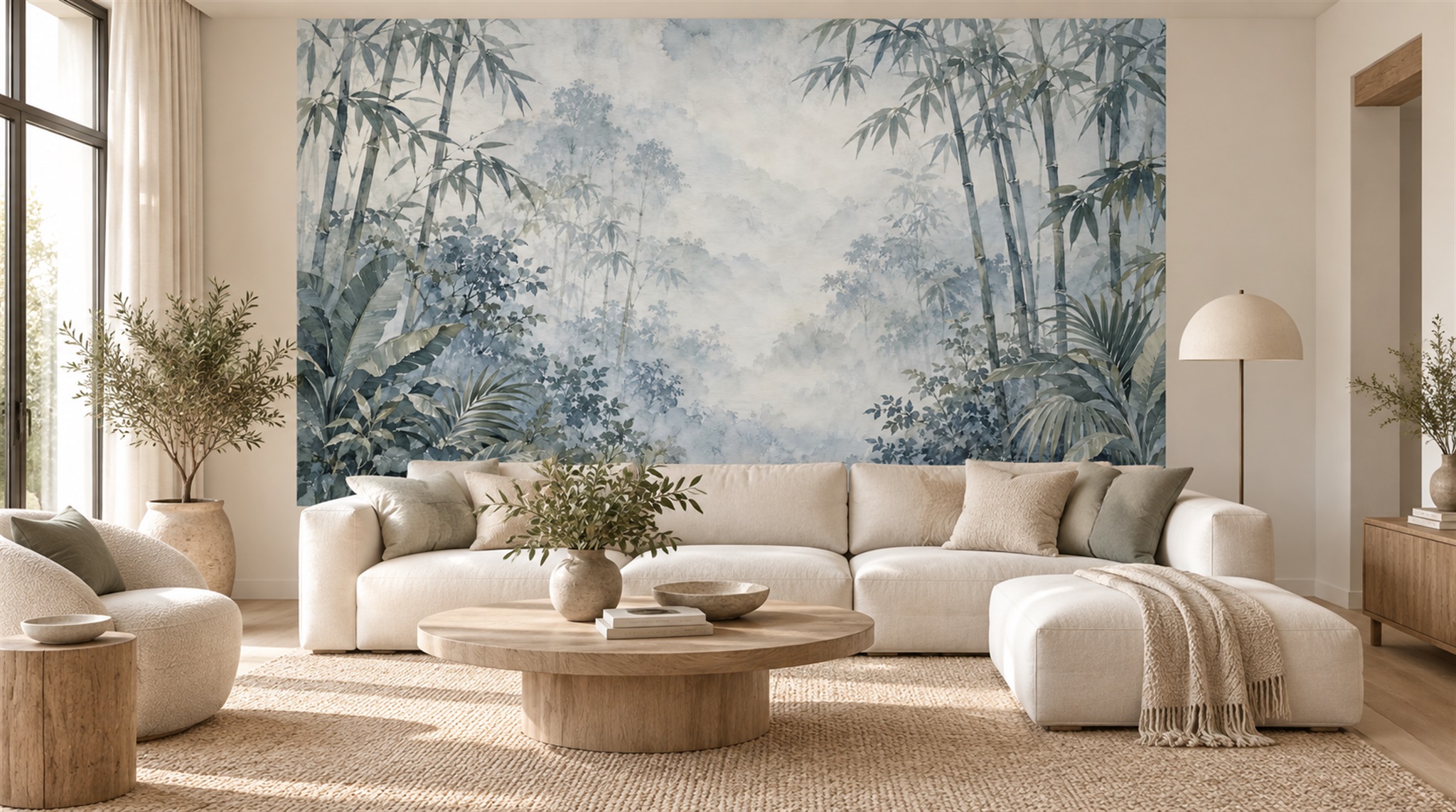 Red And Blue Decorative Patterning Bamboo Wallpaper Mural Office-wallpaper-murals, Shown In A Home Office, Peel-and-stick Finish