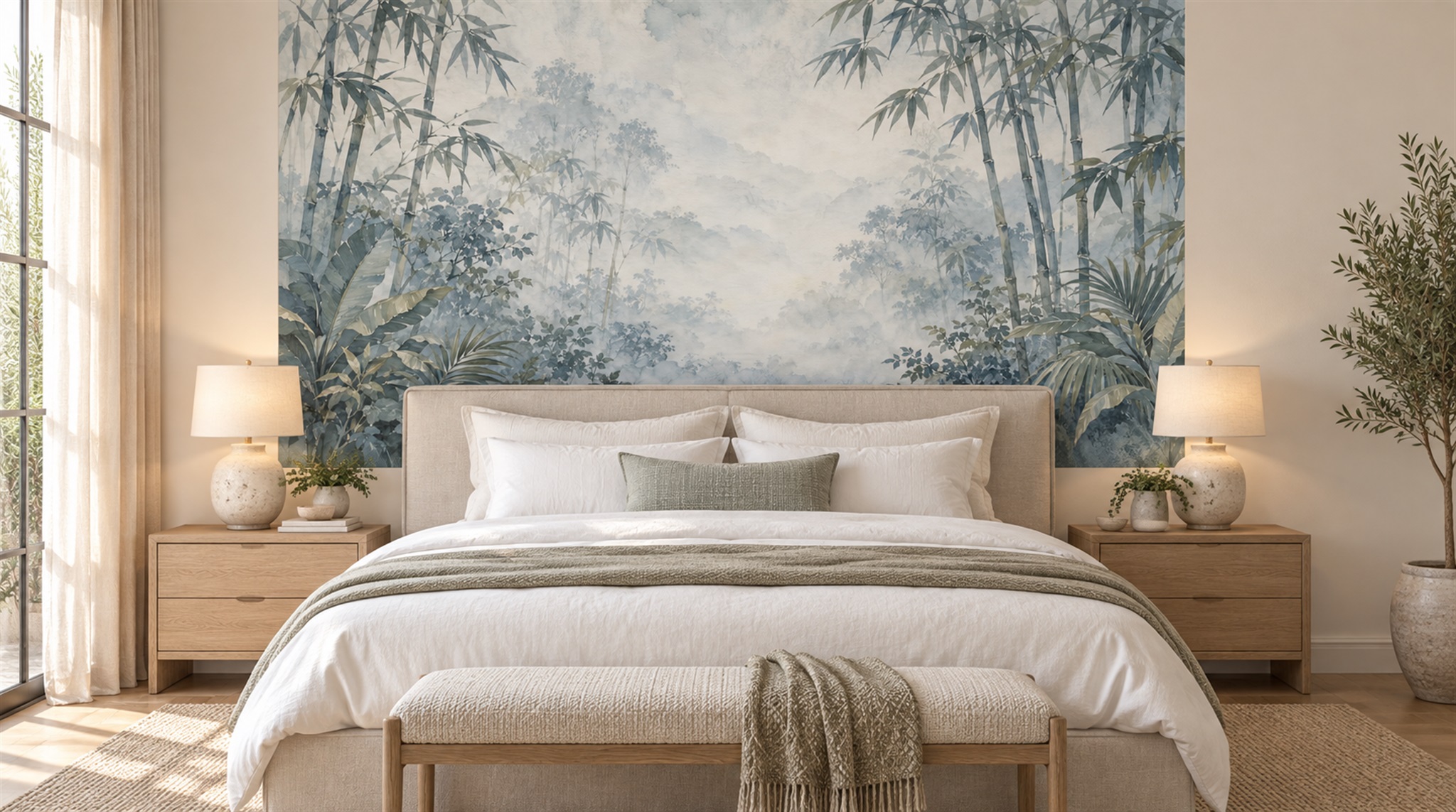 Red And Blue Decorative Patterning Bamboo Wallpaper Mural Dining-room-wallpaper-murals, Shown In A Dining Room, Peel-and-stick Finish