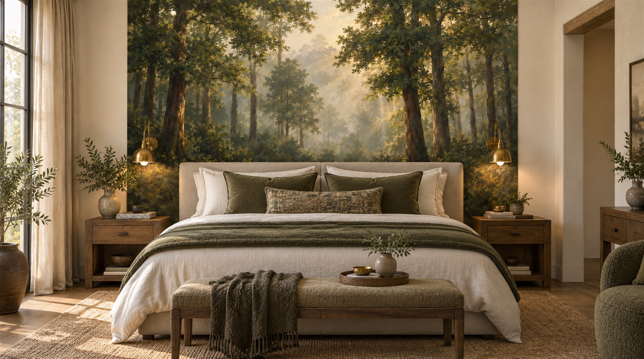 Red And Green Woodland Trees Decorative Wallpaper Mural Accent-wall-wallpaper-murals, Peel-and-stick Finish