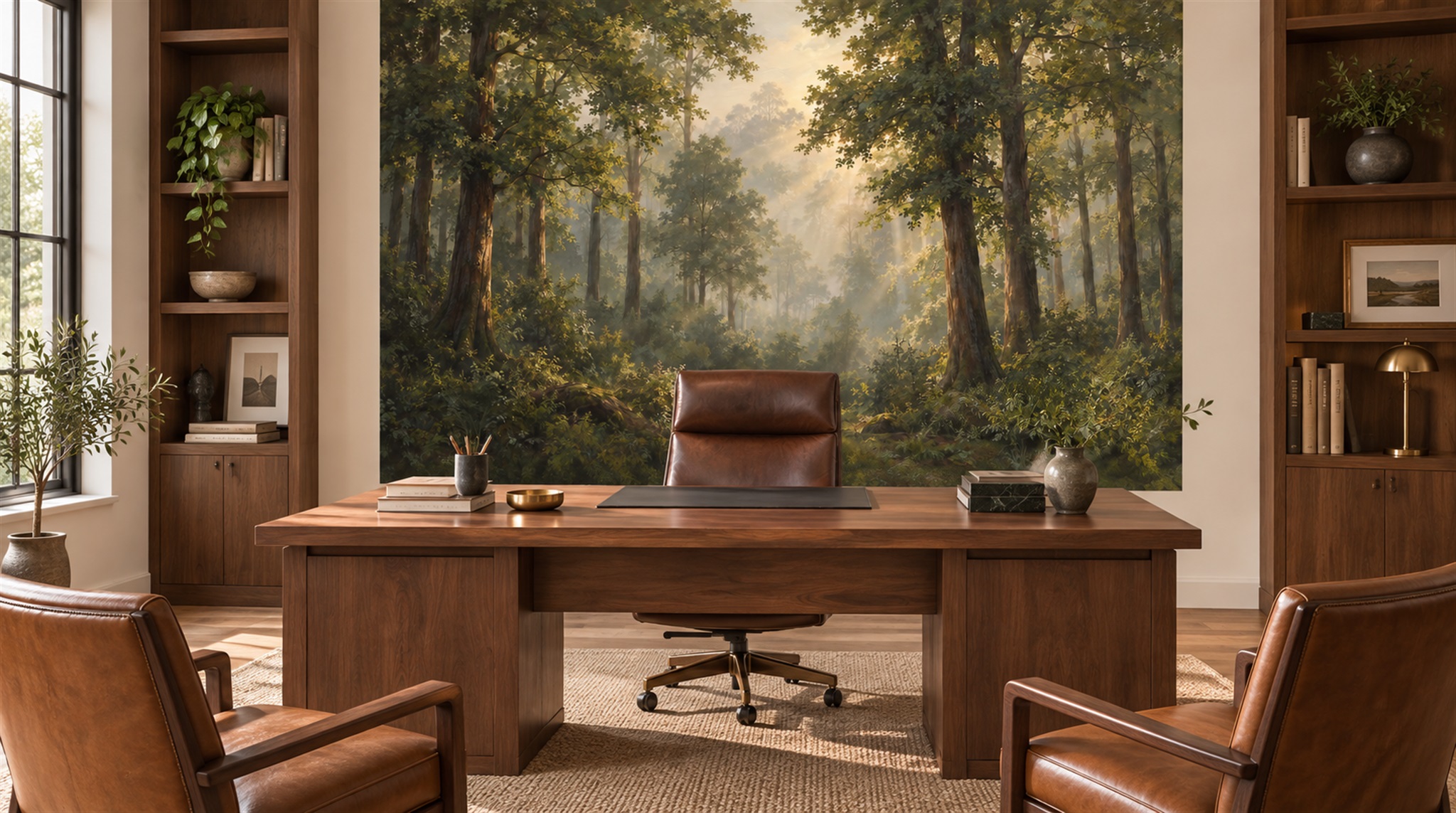 Red And Green Woodland Trees Decorative Wallpaper Mural Living-room-wallpaper-murals, Shown In A Living Room, Peel-and-stick Finish