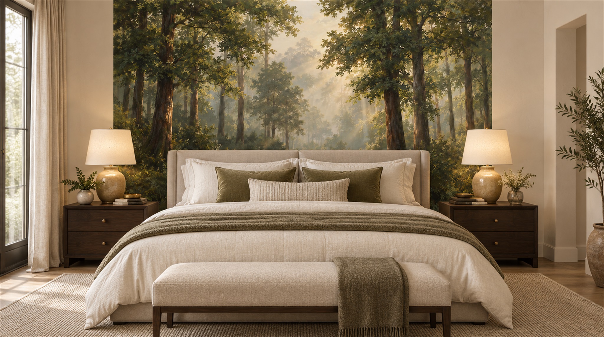 Red And Green Woodland Trees Decorative Wallpaper Mural Dining-room-wallpaper-murals, Shown In A Dining Room, Peel-and-stick Finish