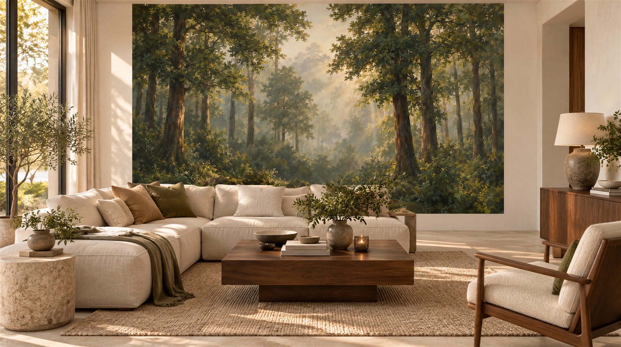 Red And Green Woodland Trees Decorative Wallpaper Mural Office-wallpaper-murals, Shown In A Home Office, Peel-and-stick Finish