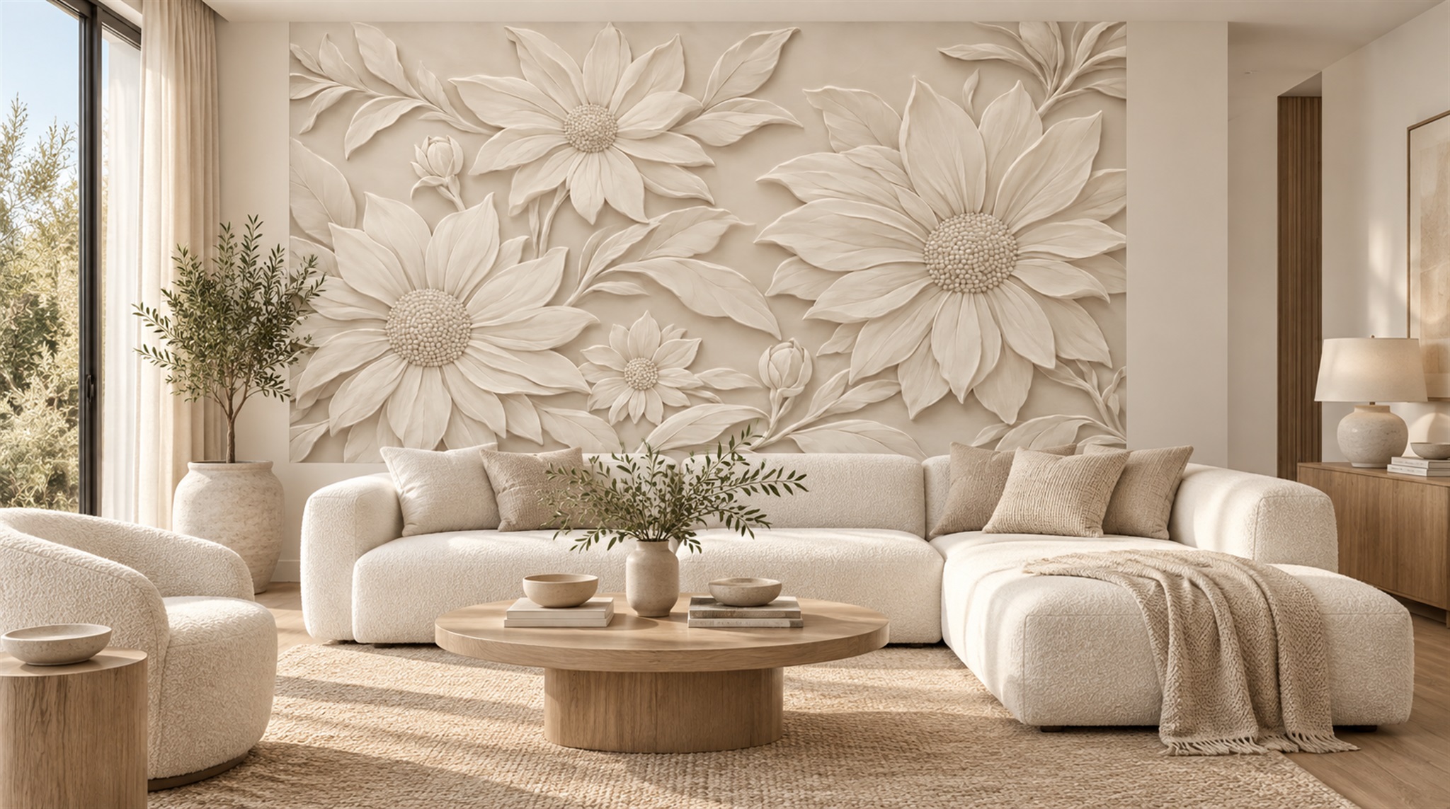 Ivory Raised Floral Relief Wallpaper Mural — Installed Wallpaper Mural In A Home Office, Peel-and-stick Finish