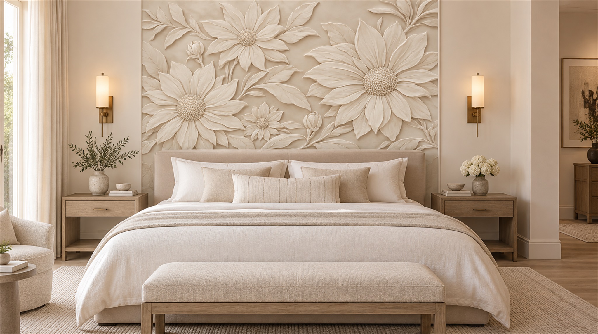 Ivory And Red Decorative Patterning Organic Wallpaper Mural, Peel-and-stick Finish