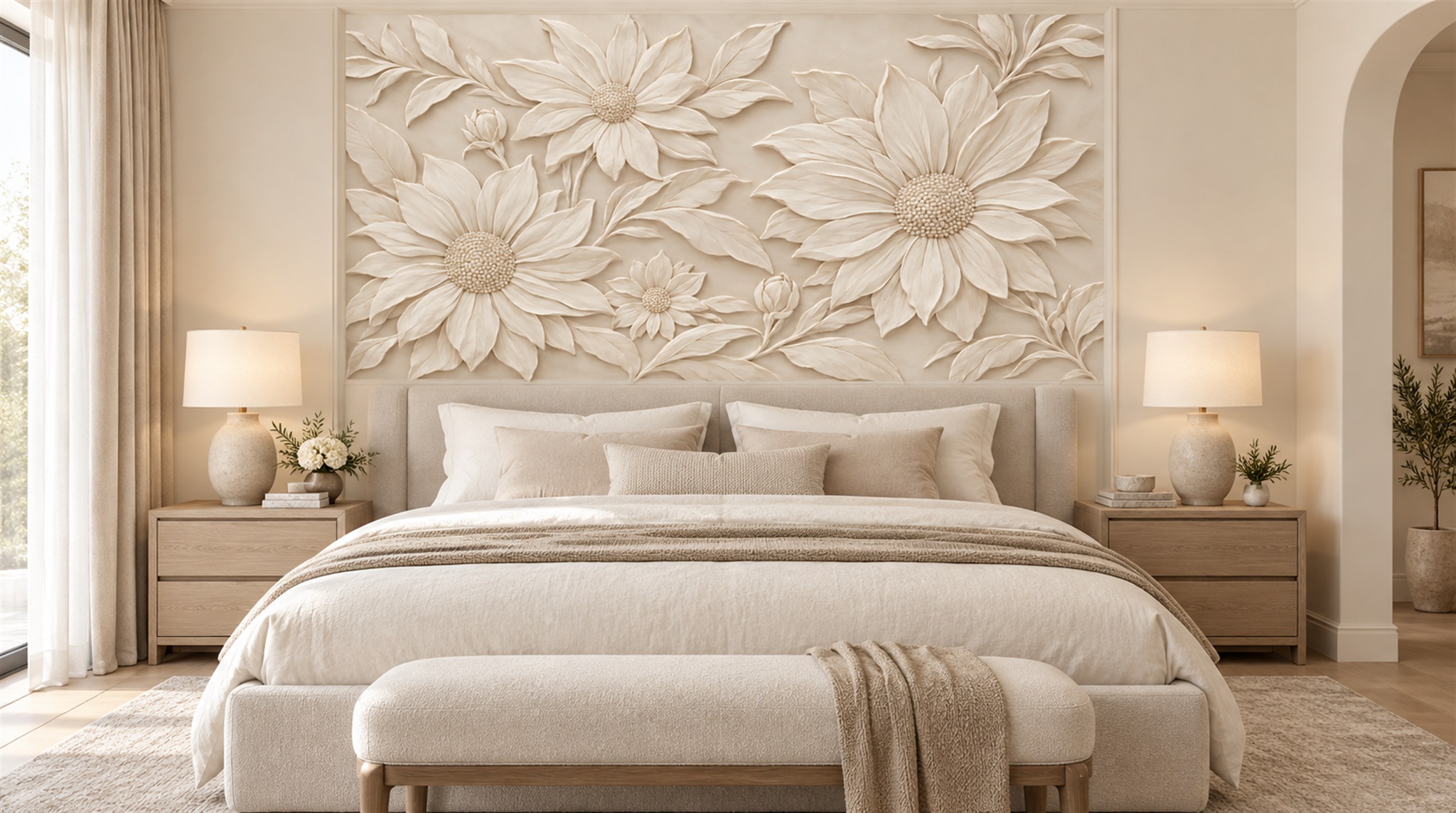 Ivory And Red Decorative Patterning Organic Wallpaper Mural Dining-room-wallpaper-murals, Shown In A Dining Room, Peel-and-stick Finish