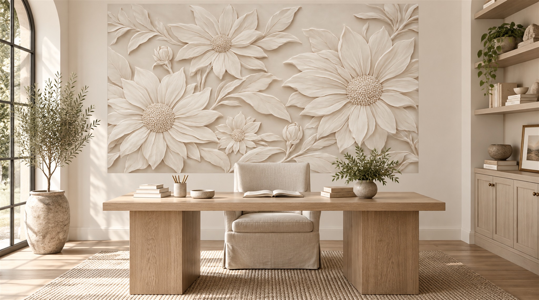 Ivory And Red Decorative Patterning Organic Wallpaper Mural Living-room-wallpaper-murals, Shown In A Living Room, Peel-and-stick Finish