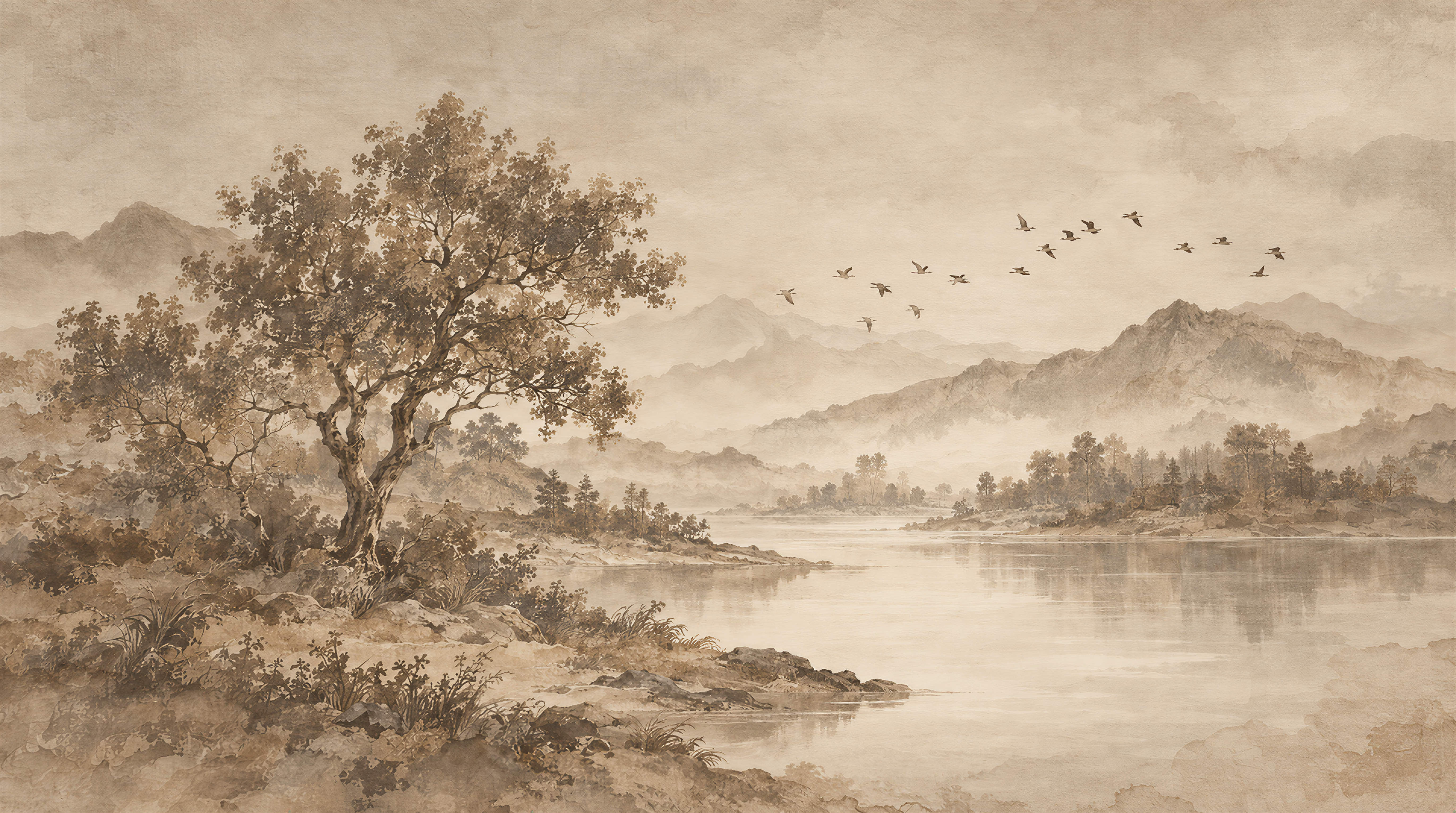 Ivory And Red A Painterly Scenic View Decorative Wallpaper, Peel-and-stick Finish