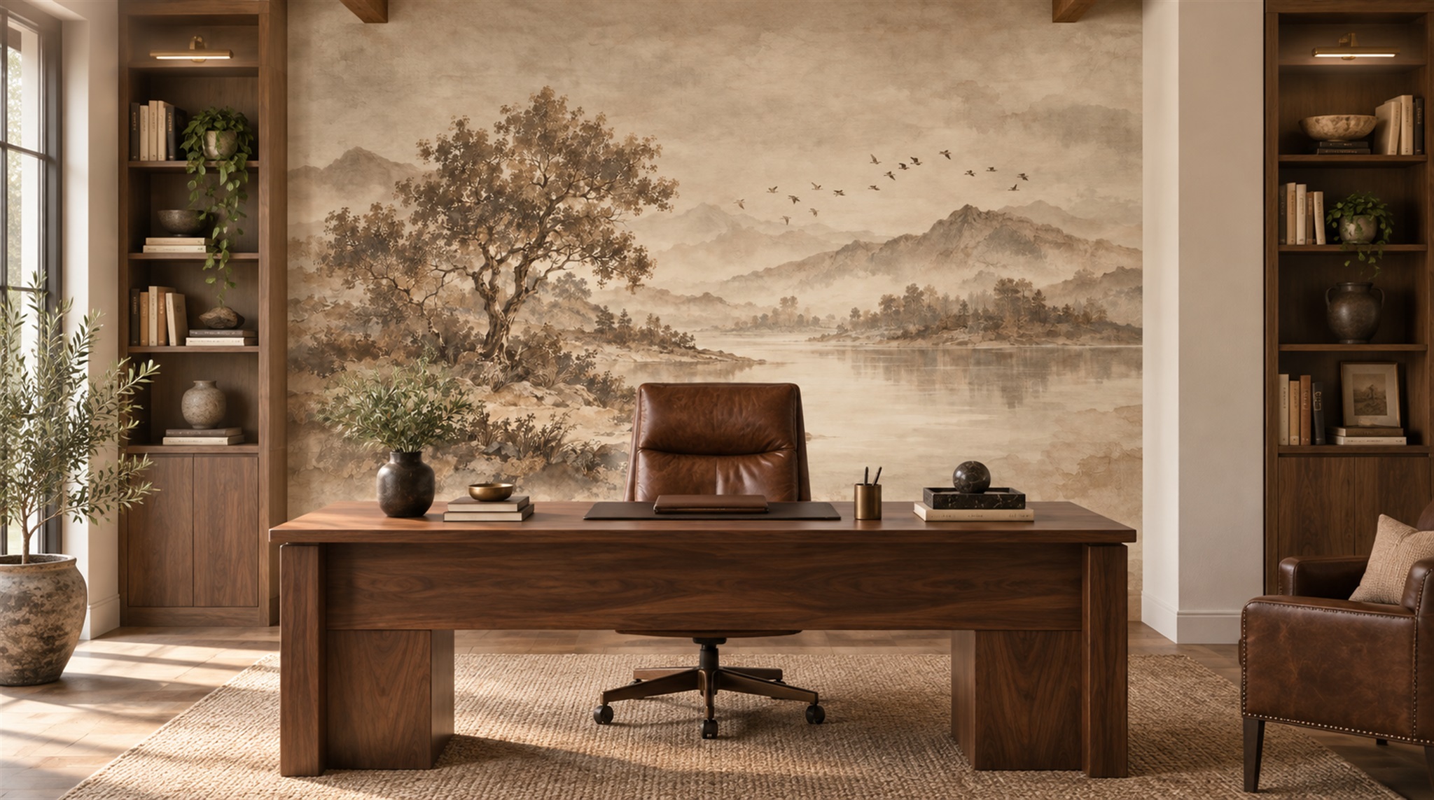 Ivory And Red A Painterly Scenic View Decorative Wallpaper Living-room-wallpaper-murals, Shown In A Living Room, Peel-and-stick Finish
