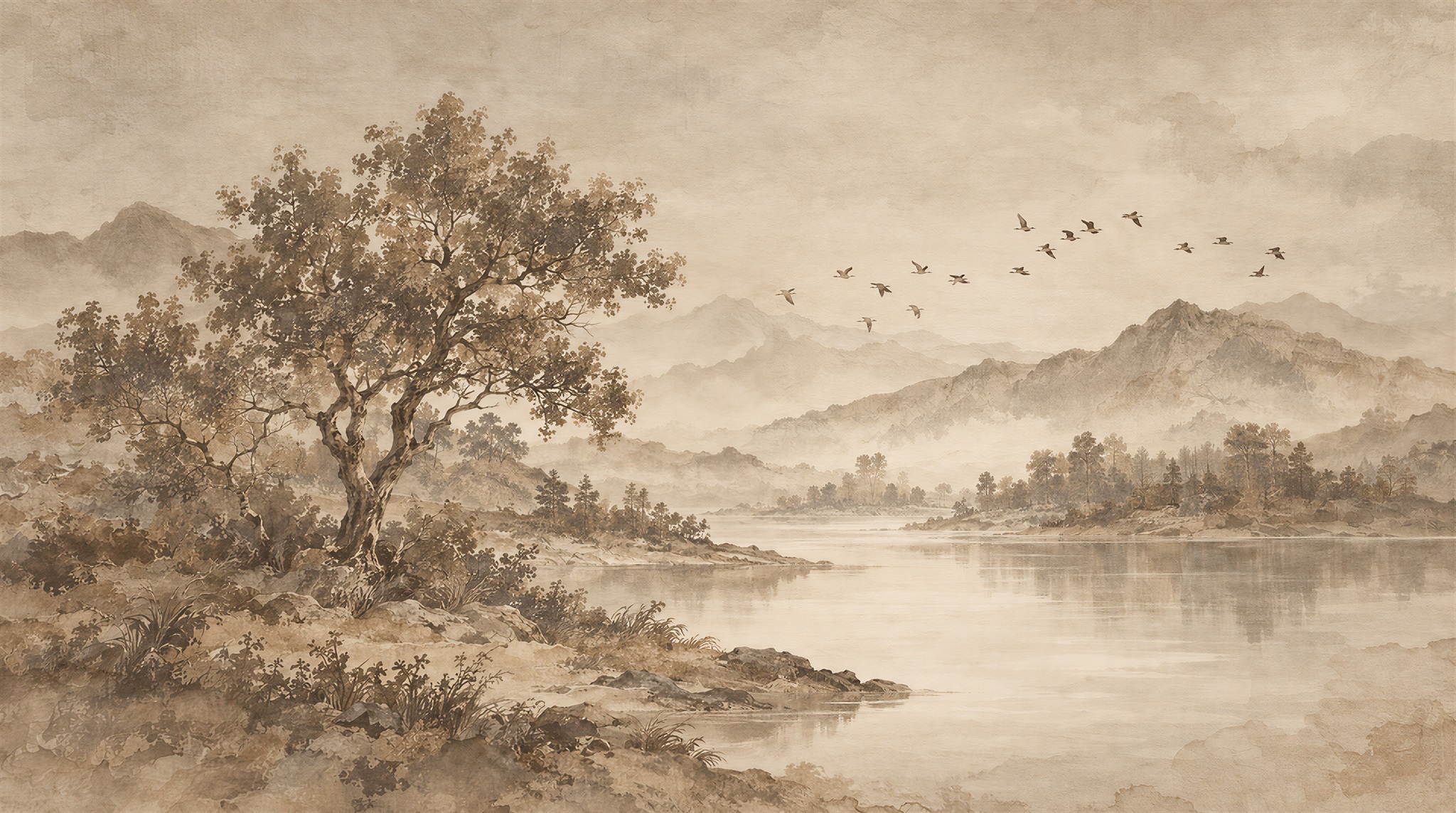 Sepia River Valley With Flying Birds Wallpaper Mural — Wallpaper Mural Design, Peel-and-stick Finish