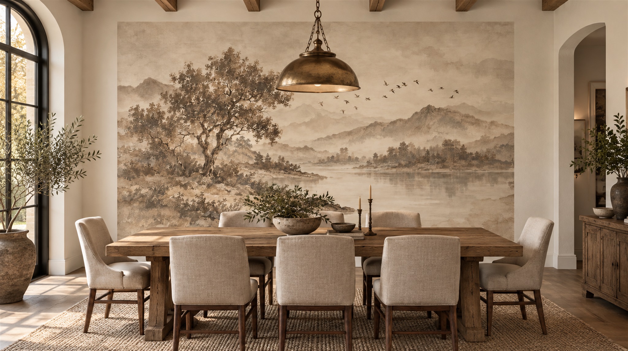 Ivory And Red A Painterly Scenic View Decorative Wallpaper Bedroom-wallpaper-murals, Peel-and-stick Finish