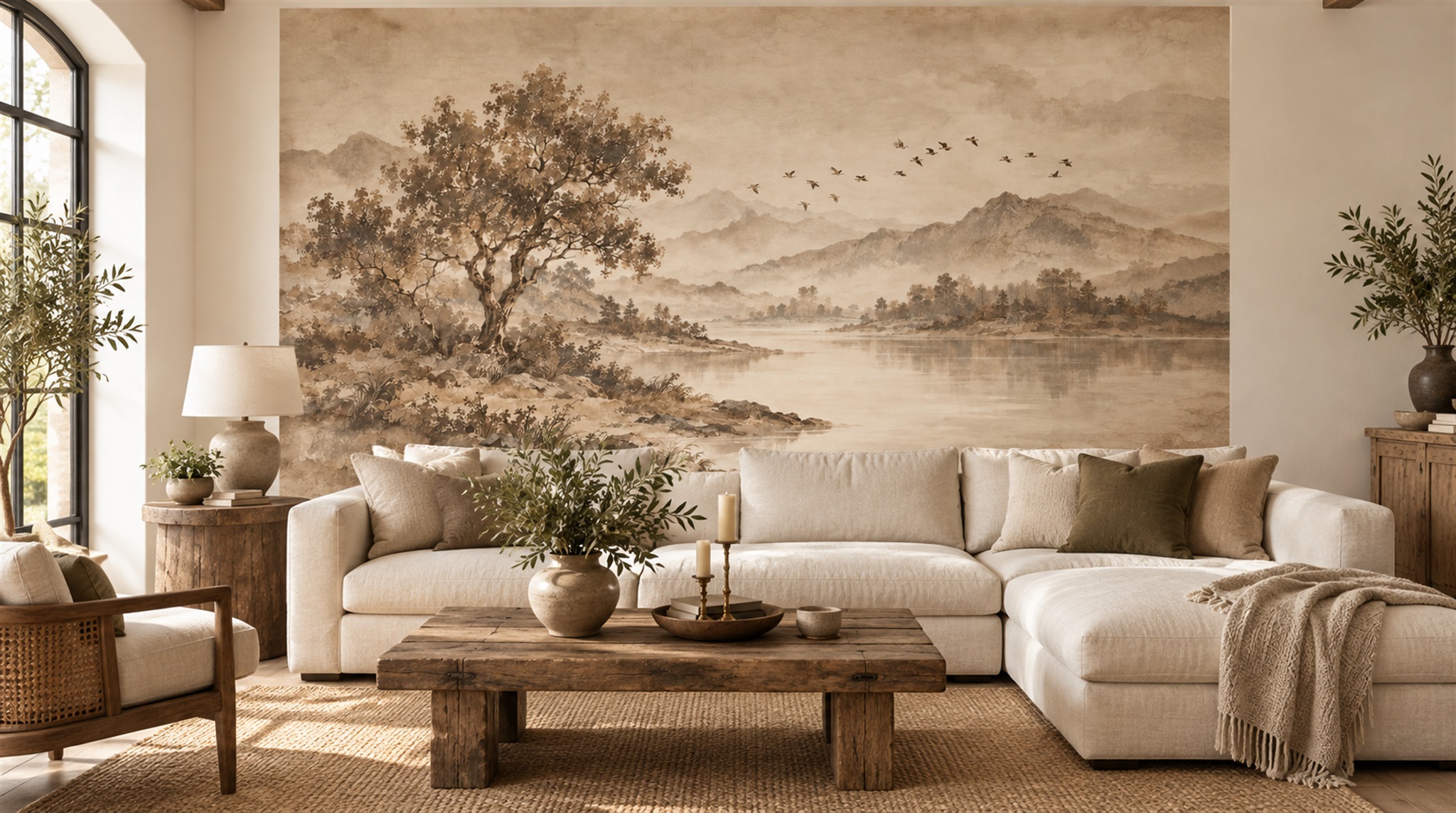 Ivory And Red A Painterly Scenic View Decorative Wallpaper Office-wallpaper-murals, Shown In A Home Office, Peel-and-stick Finish