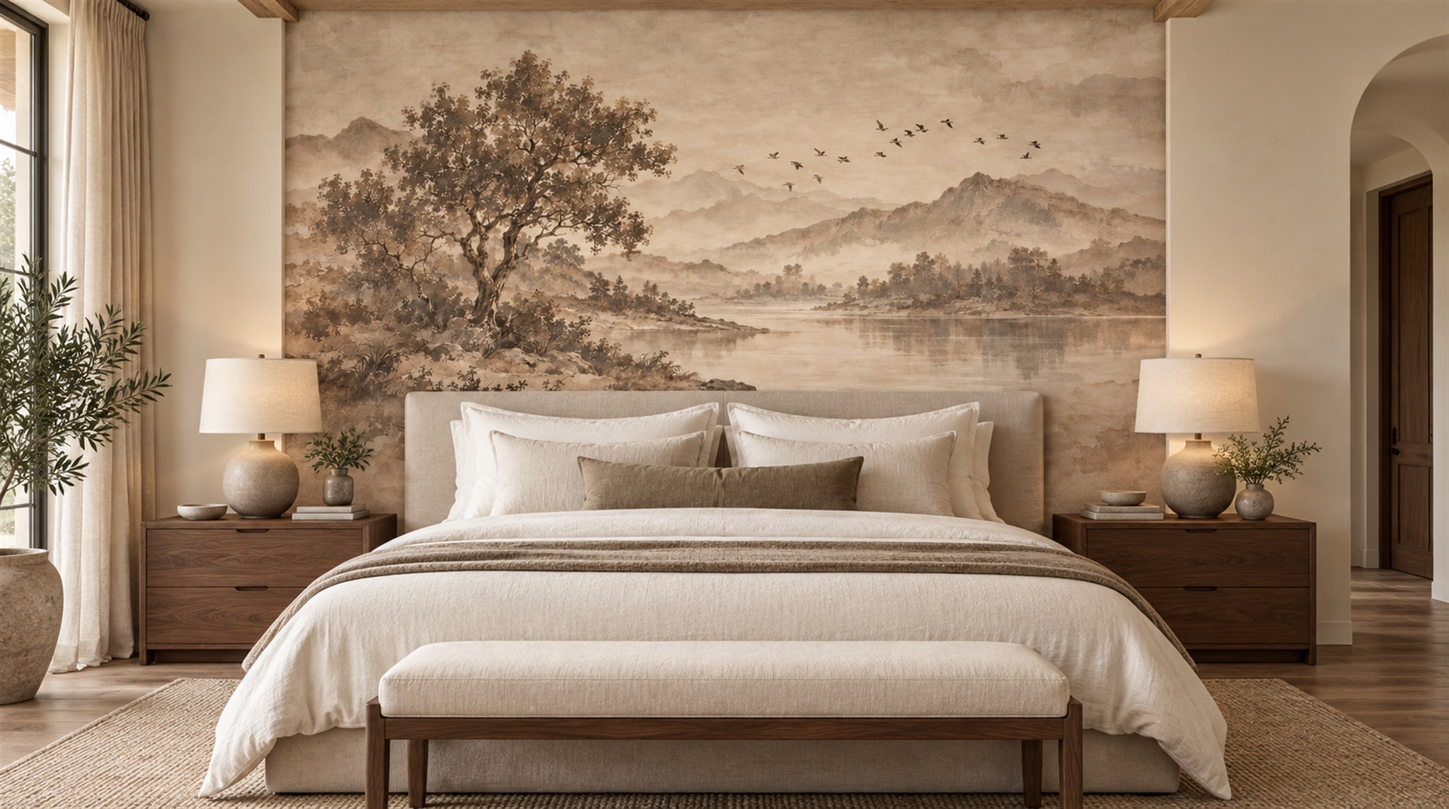 Ivory And Red A Painterly Scenic View Decorative Wallpaper Dining-room-wallpaper-murals, Shown In A Dining Room, Peel-and-stick Finish