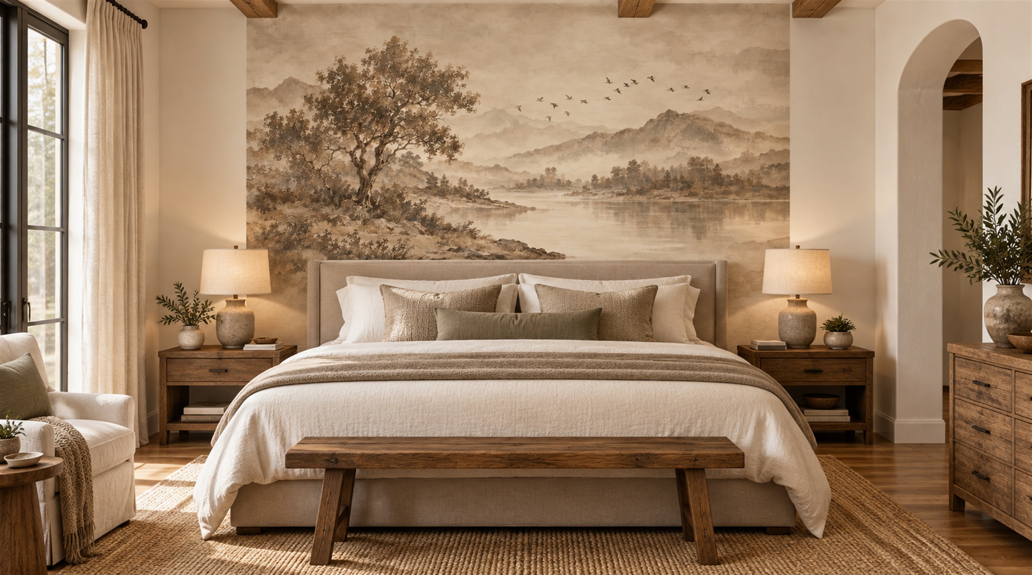 Ivory And Red A Painterly Scenic View Decorative Wallpaper Accent-wall-wallpaper-murals, Peel-and-stick Finish