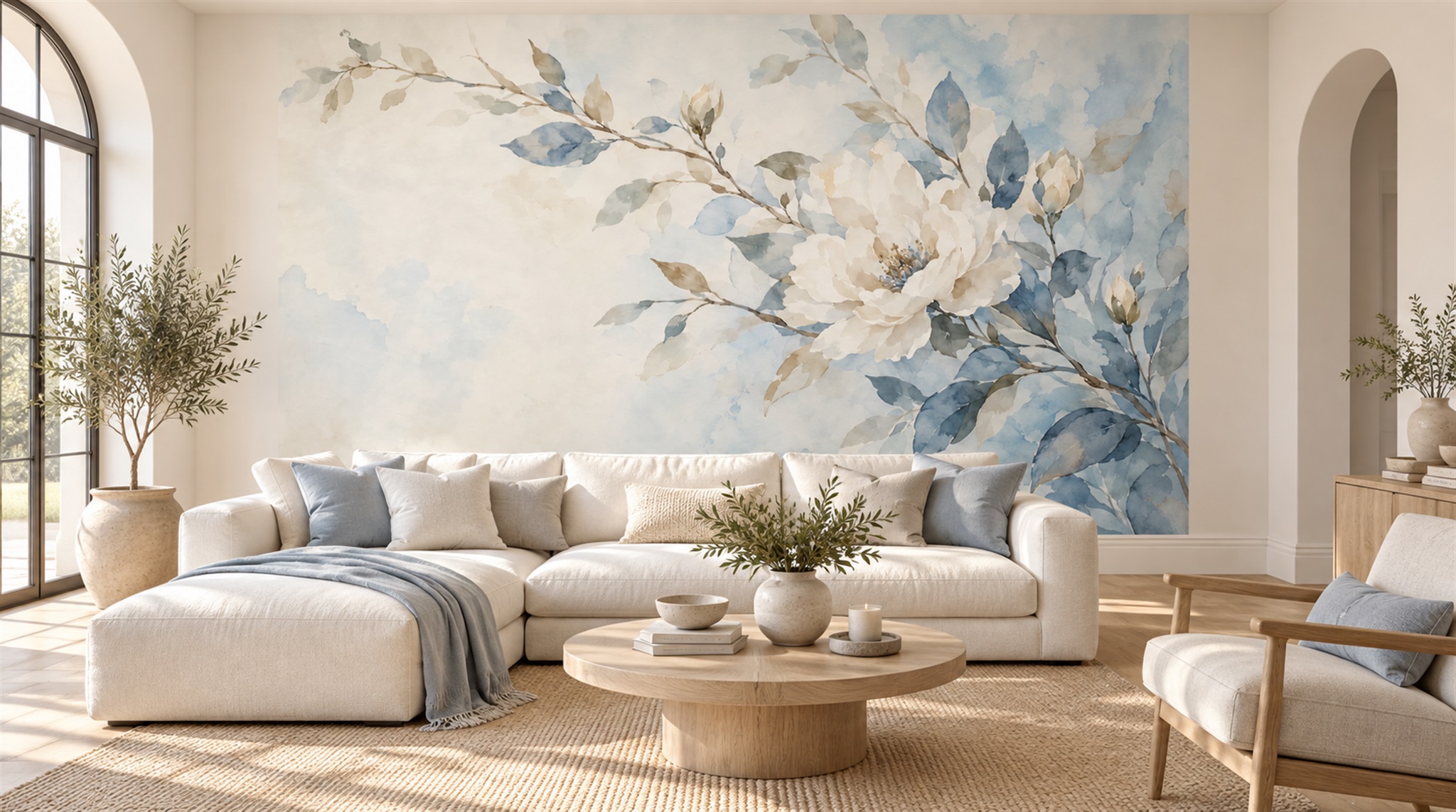 Ivory And Red Leaf Patterning Wallpaper Mural Office-wallpaper-murals, Shown In A Home Office, Peel-and-stick Finish