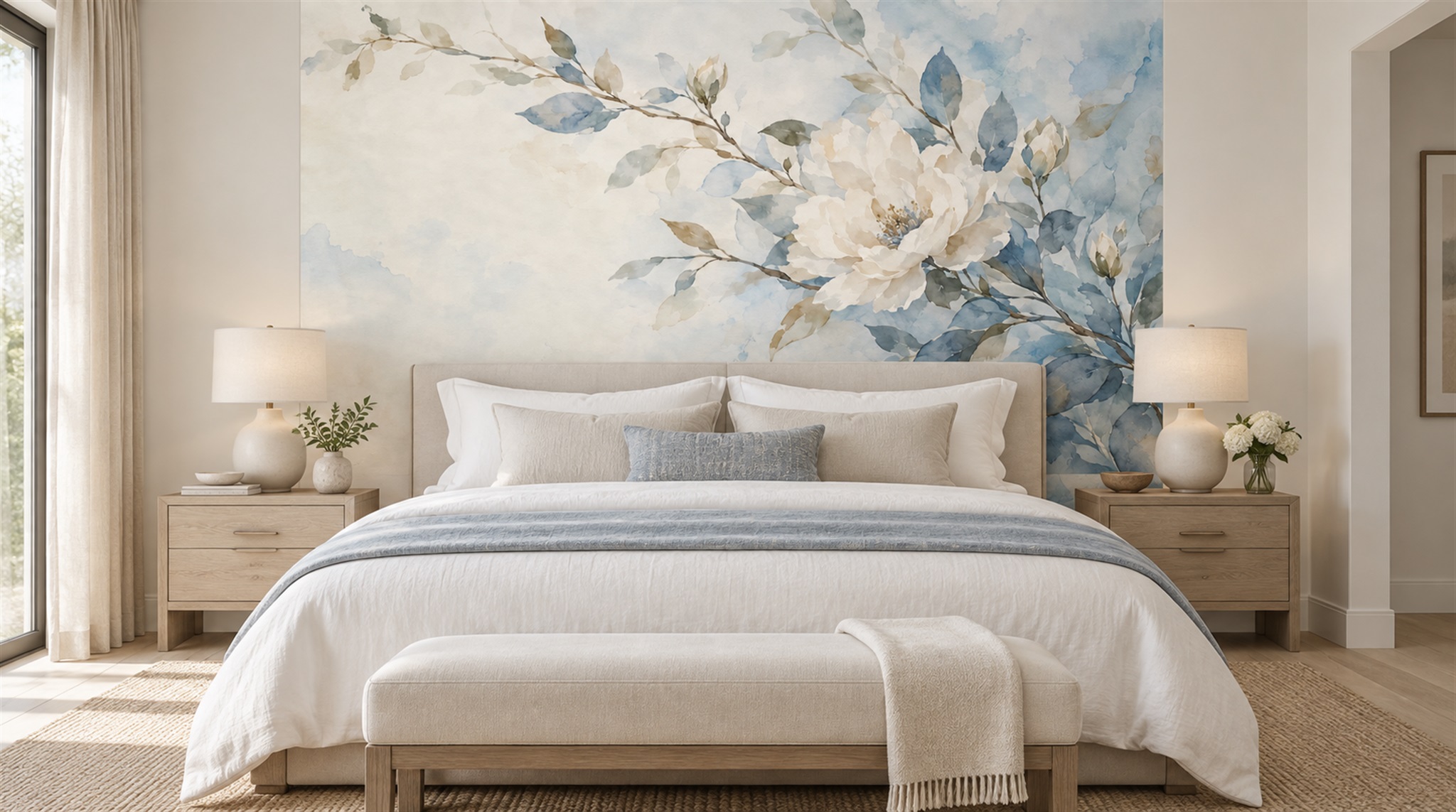 Ivory And Red Leaf Patterning Wallpaper Mural Dining-room-wallpaper-murals, Shown In A Dining Room, Peel-and-stick Finish