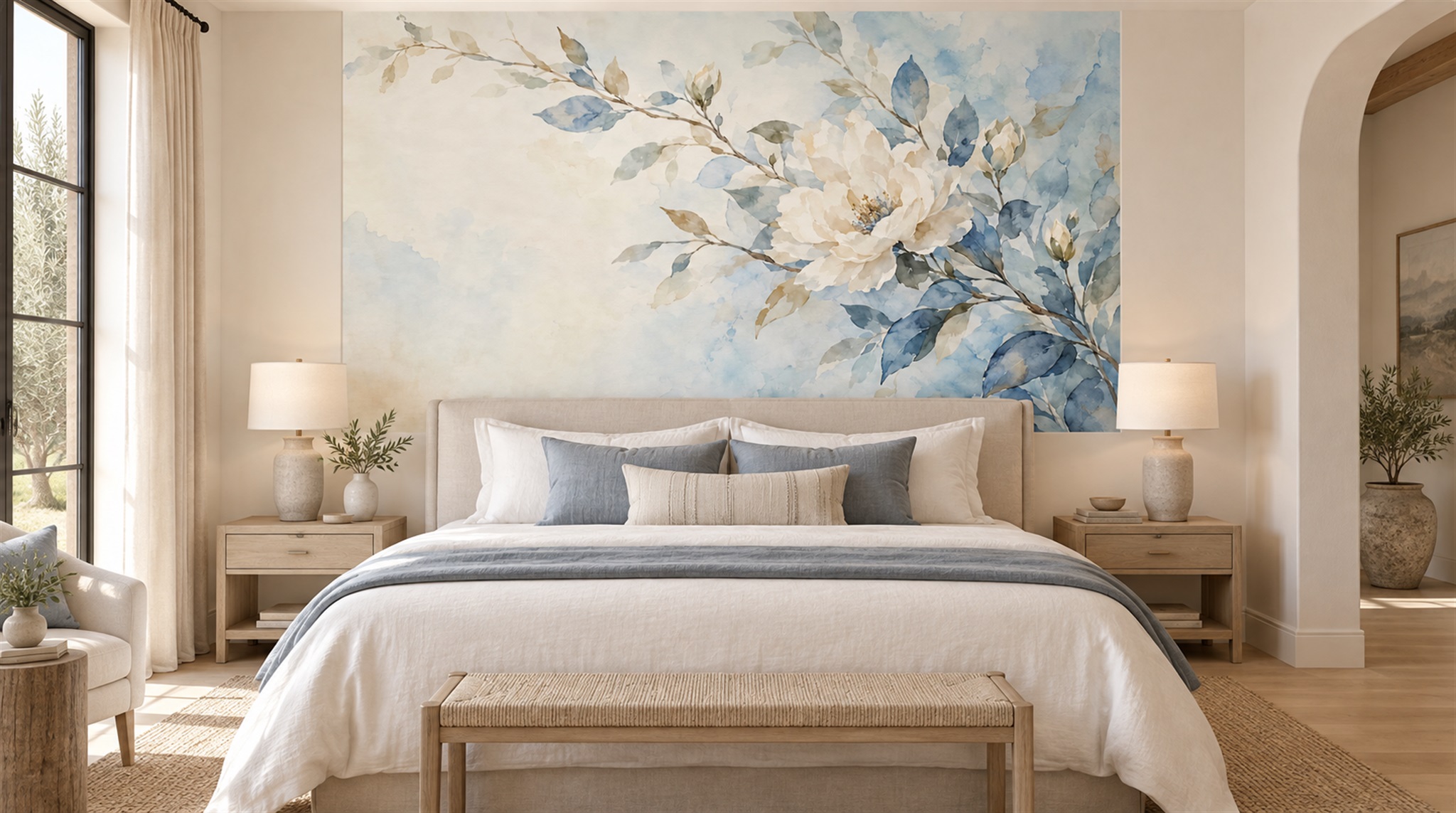 Ivory And Red Leaf Patterning Wallpaper Mural Bedroom-wallpaper-murals, Peel-and-stick Finish