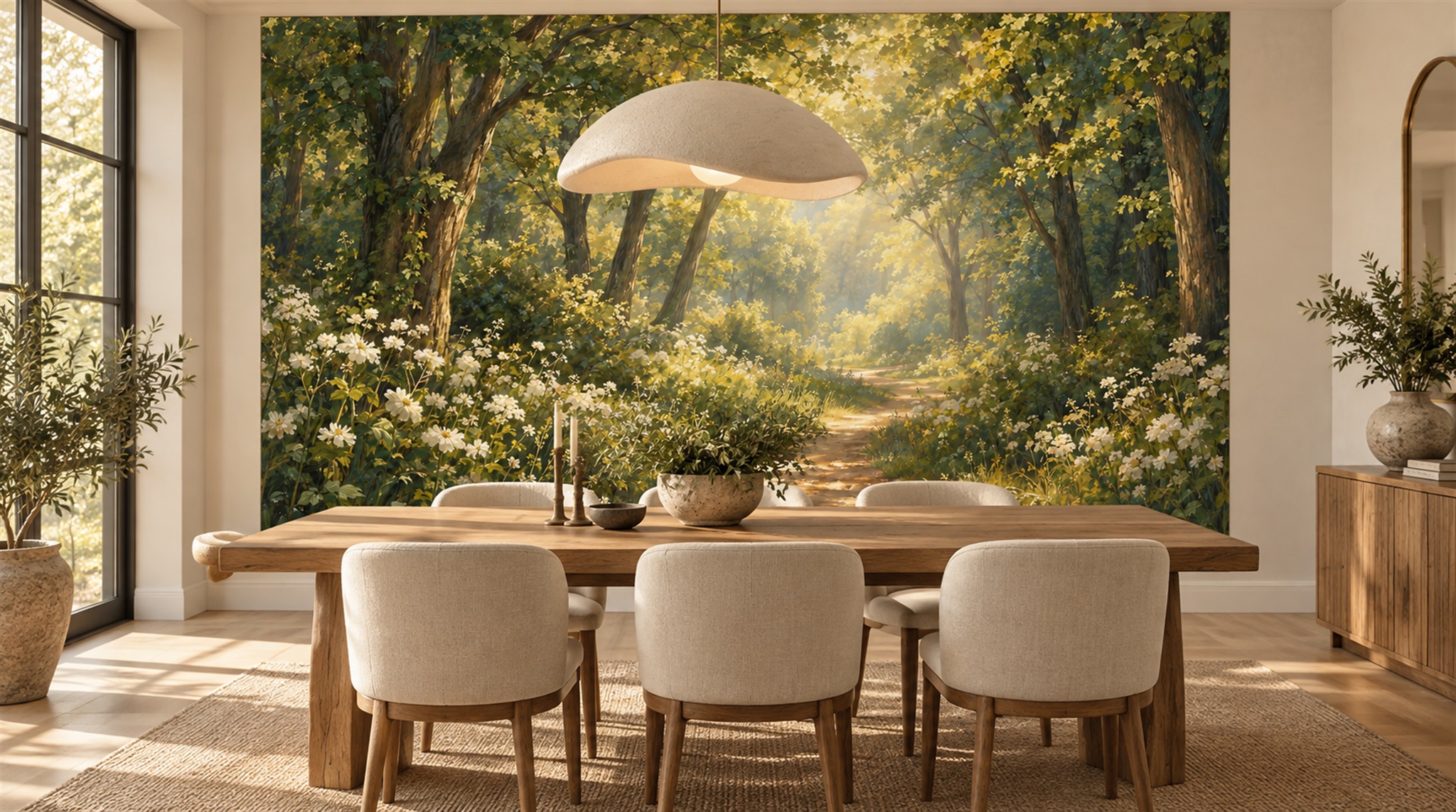 Red And Neutral Woodland Trees Forest Wallpaper Mural Bedroom-wallpaper-murals, Peel-and-stick Finish