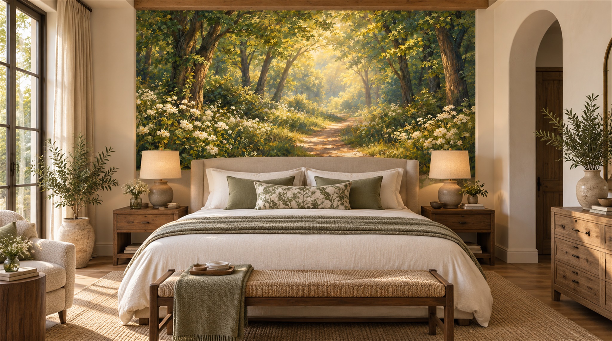 Red And Neutral Woodland Trees Forest Wallpaper Mural Accent-wall-wallpaper-murals, Peel-and-stick Finish