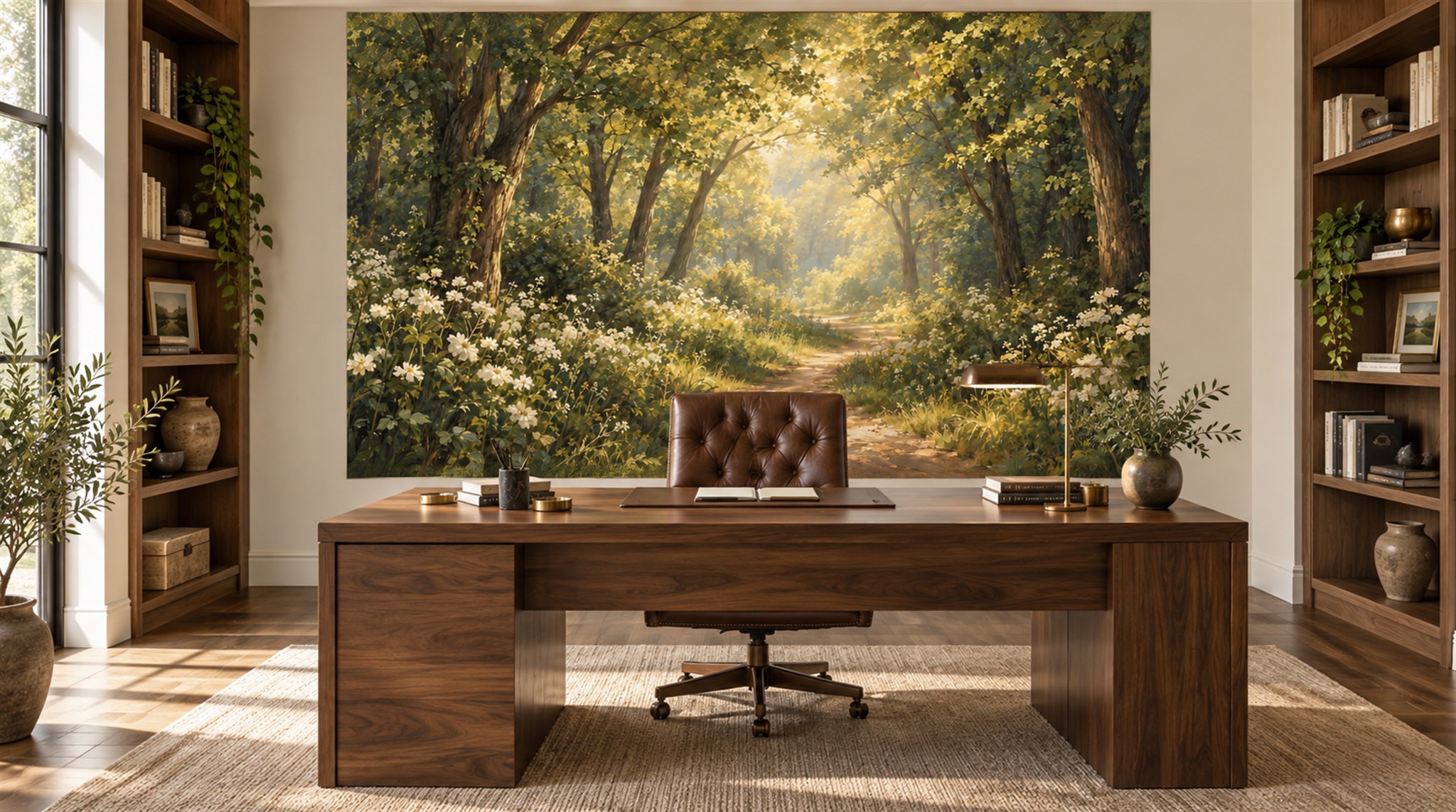 Red And Neutral Woodland Trees Forest Wallpaper Mural Living-room-wallpaper-murals, Shown In A Living Room, Peel-and-stick Finish