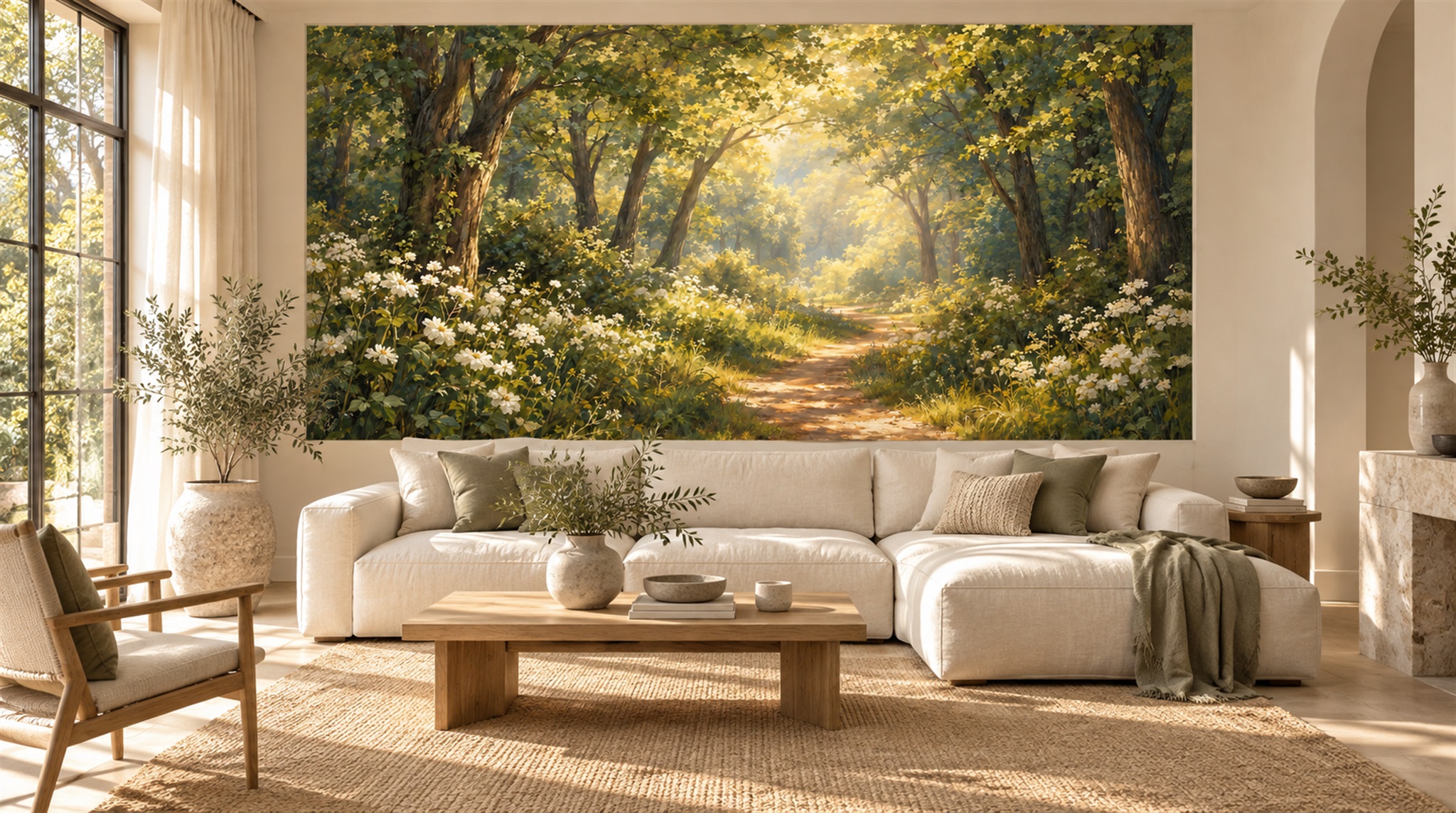 Red And Neutral Woodland Trees Forest Wallpaper Mural Feature-wall-wallpaper-murals, Peel-and-stick Finish