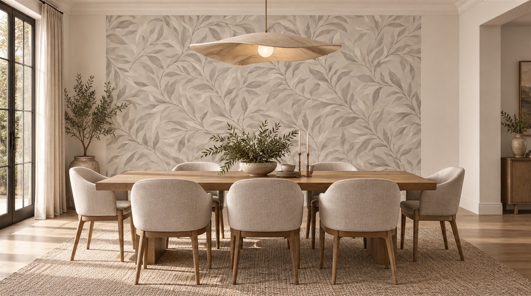 Neutral Repeating Leaf Pattern Wallpaper Mural — Installed Wallpaper Mural In A Bedroom, Peel-and-stick Finish