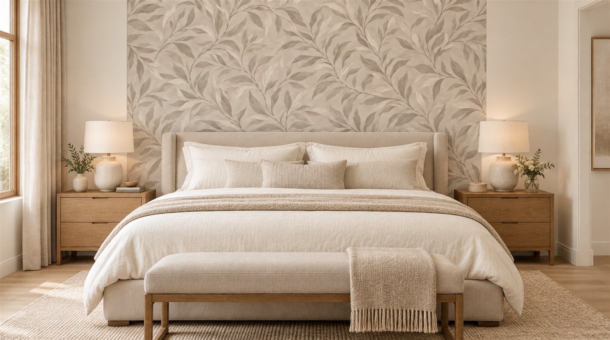 Grey And Red Leaf Patterning Wallpaper Mural Dining-room-wallpaper-murals, Shown In A Dining Room, Peel-and-stick Finish