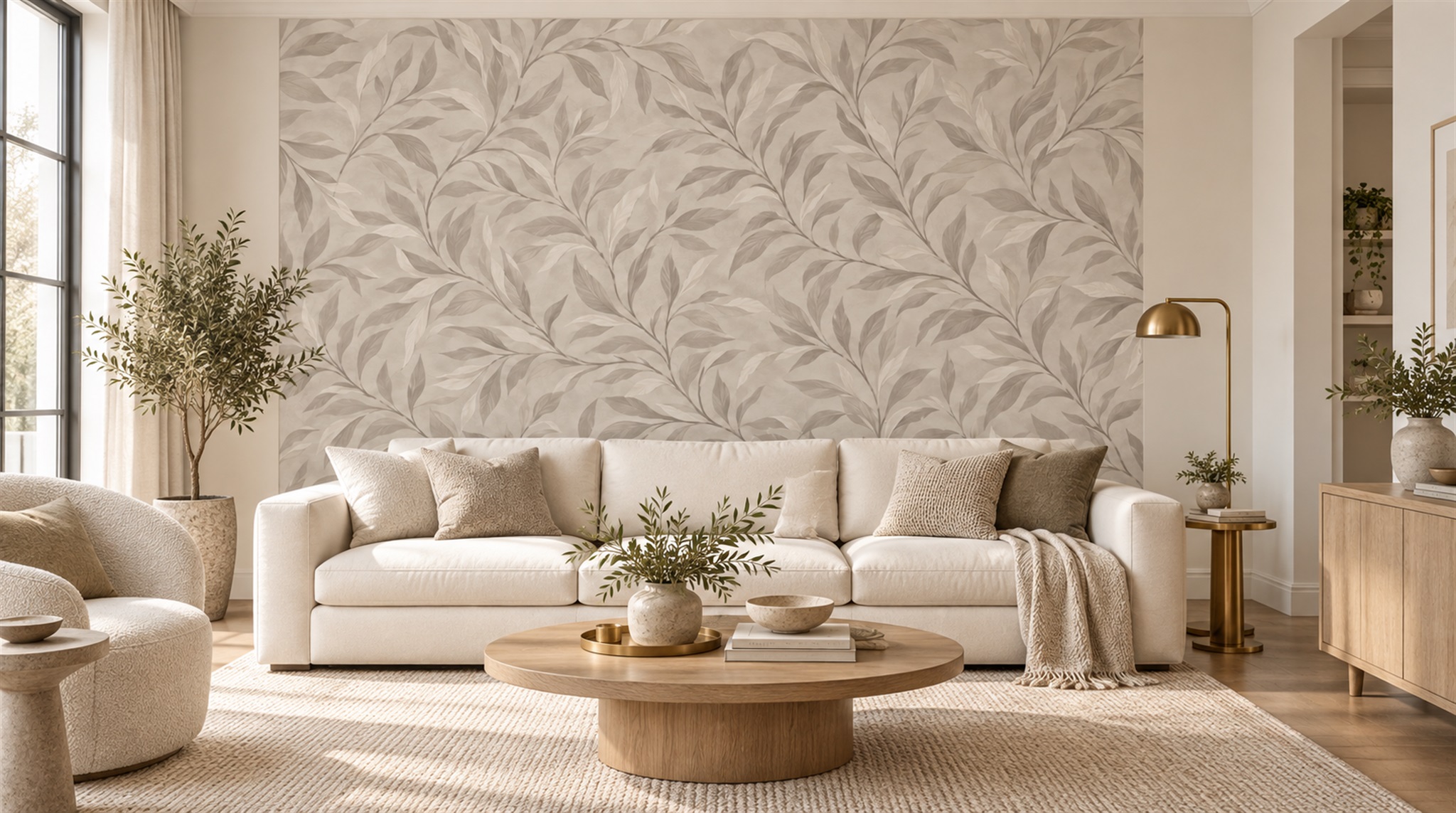 Grey And Red Leaf Patterning Wallpaper Mural Office-wallpaper-murals, Shown In A Home Office, Peel-and-stick Finish