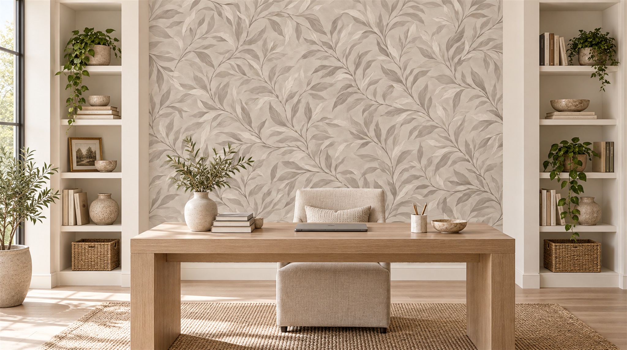 Grey And Red Leaf Patterning Wallpaper Mural Living-room-wallpaper-murals, Shown In A Living Room, Peel-and-stick Finish