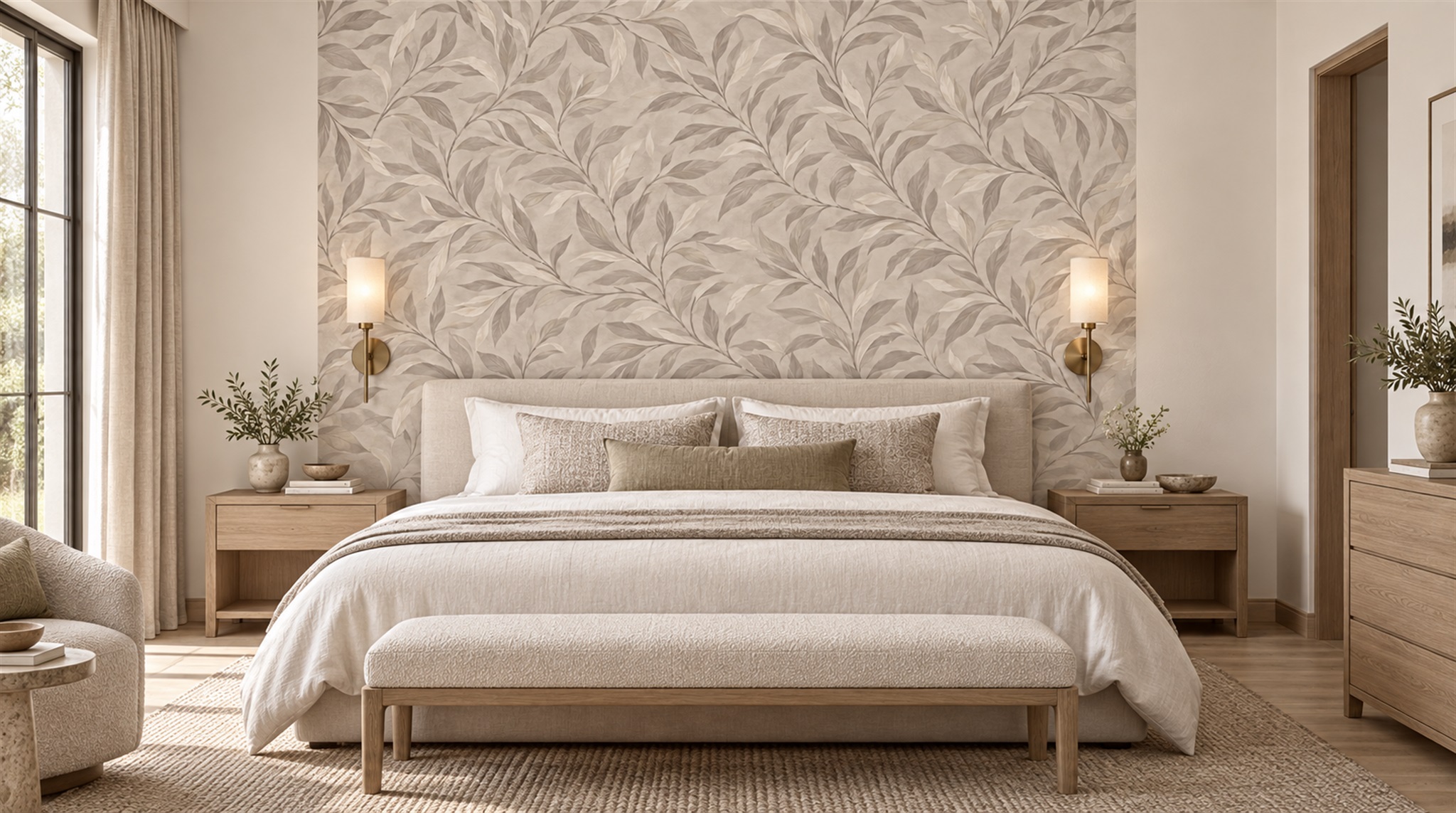 Grey And Red Leaf Patterning Wallpaper Mural Accent-wall-wallpaper-murals, Peel-and-stick Finish