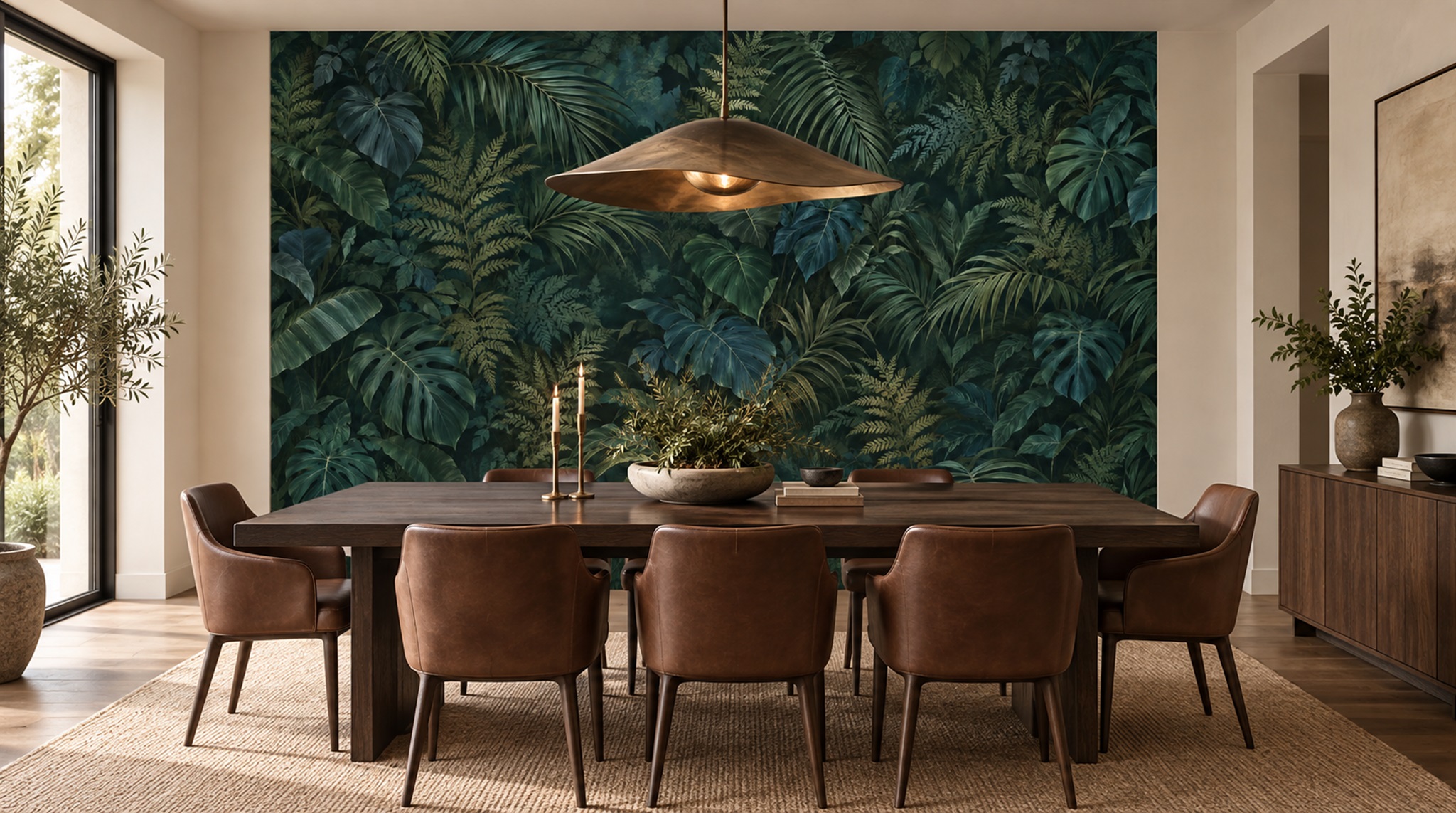 Red And Navy Palm Leaves Wallpaper Mural Bedroom-wallpaper-murals, Peel-and-stick Finish