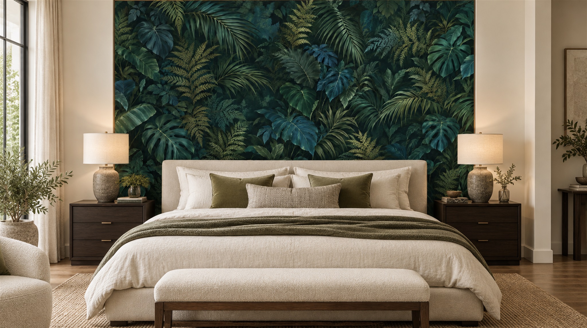 Red And Navy Palm Leaves Wallpaper Mural Dining-room-wallpaper-murals, Shown In A Dining Room, Peel-and-stick Finish