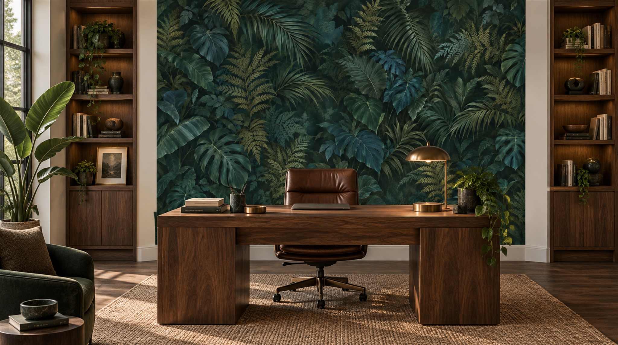 Red And Navy Palm Leaves Wallpaper Mural Living-room-wallpaper-murals, Shown In A Living Room, Peel-and-stick Finish