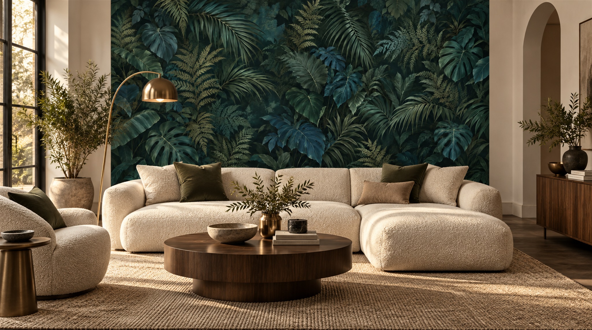 Red And Navy Palm Leaves Wallpaper Mural Office-wallpaper-murals, Shown In A Home Office, Peel-and-stick Finish
