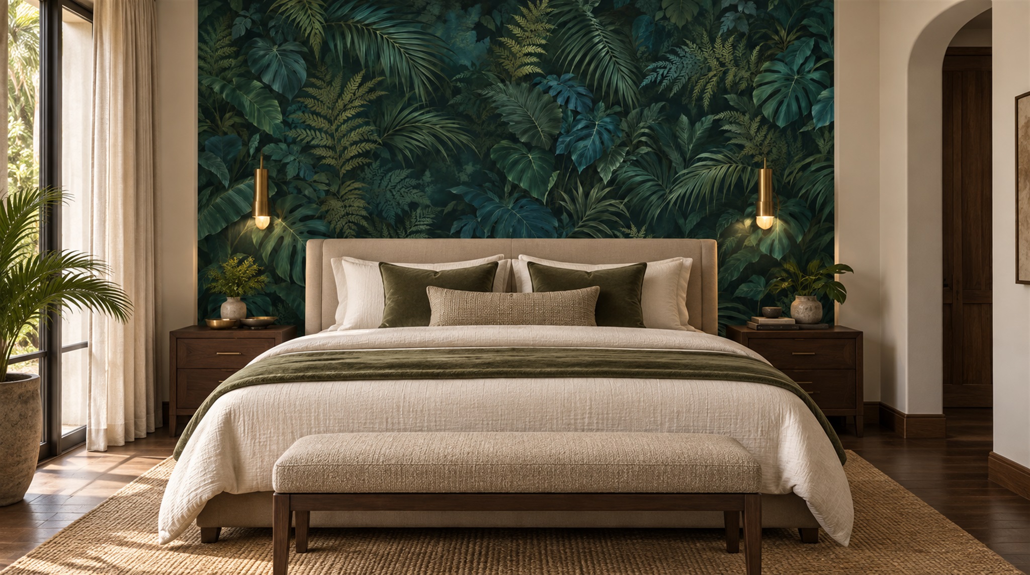 Red And Navy Palm Leaves Wallpaper Mural Office-wallpaper-murals, Shown In A Home Office, Peel-and-stick Finish